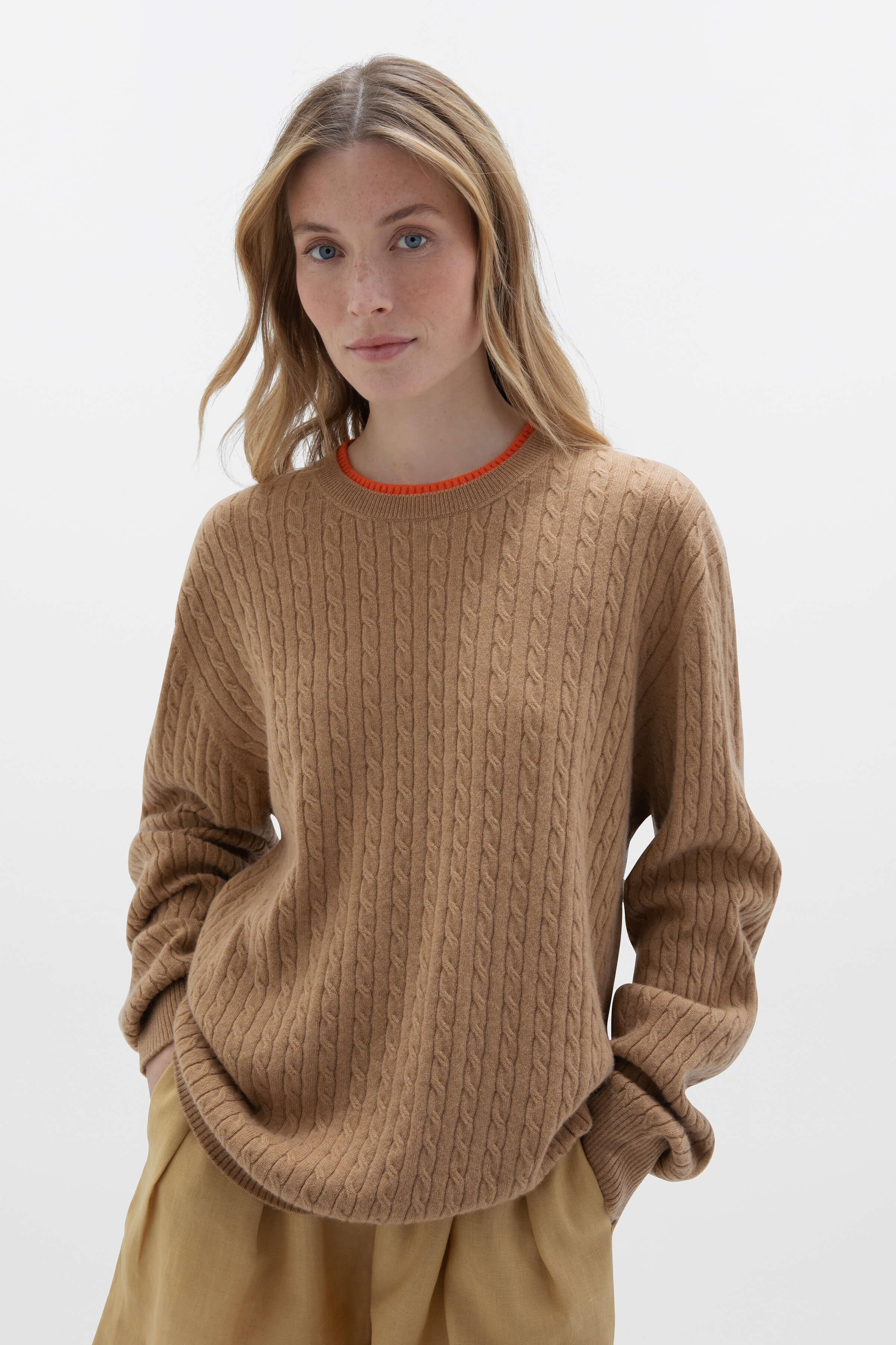 Contrast Trim Unisex Cable Cashmere Sweater