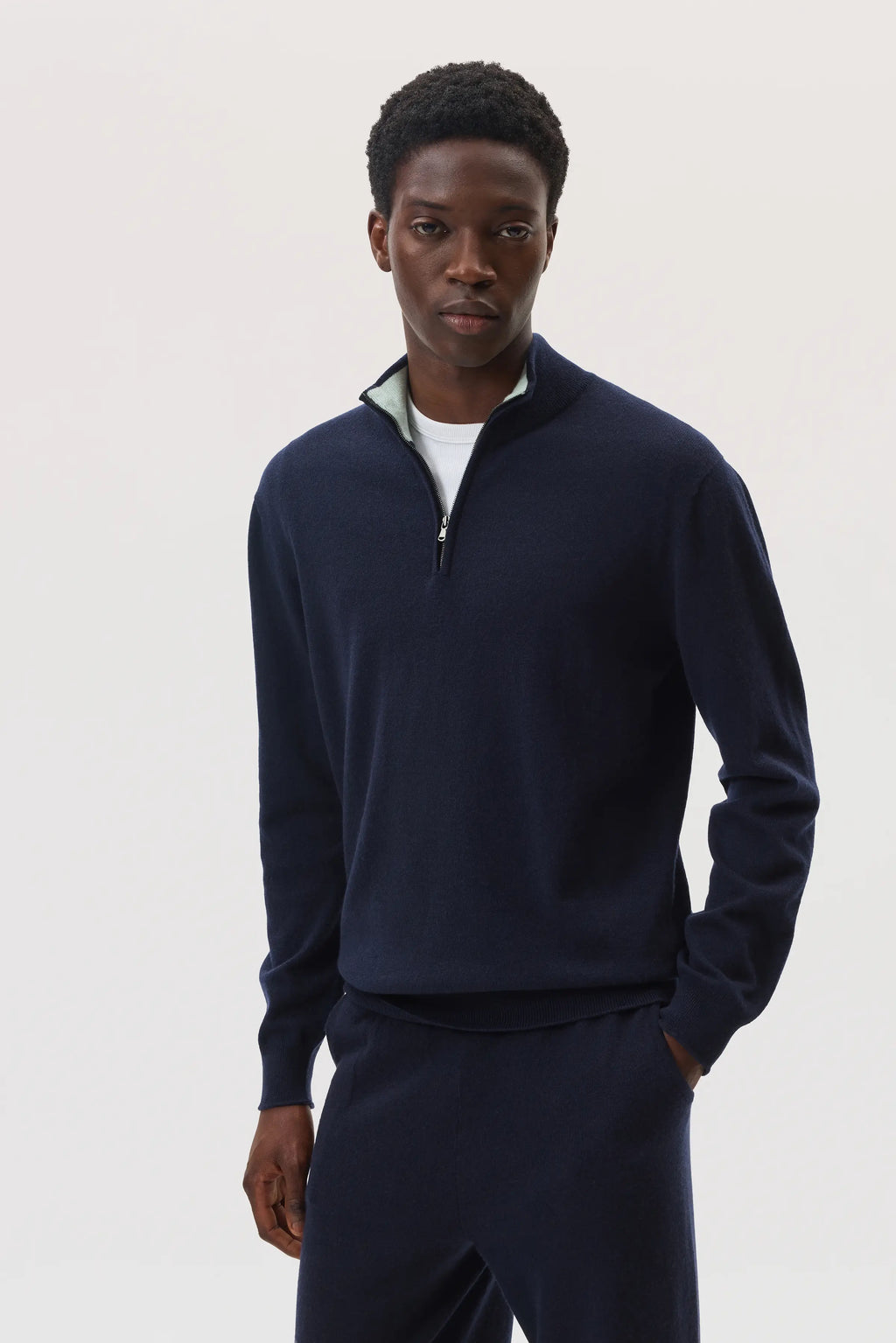 Contrast Trim Cashmere Dark Navy Zip Neck Jumper