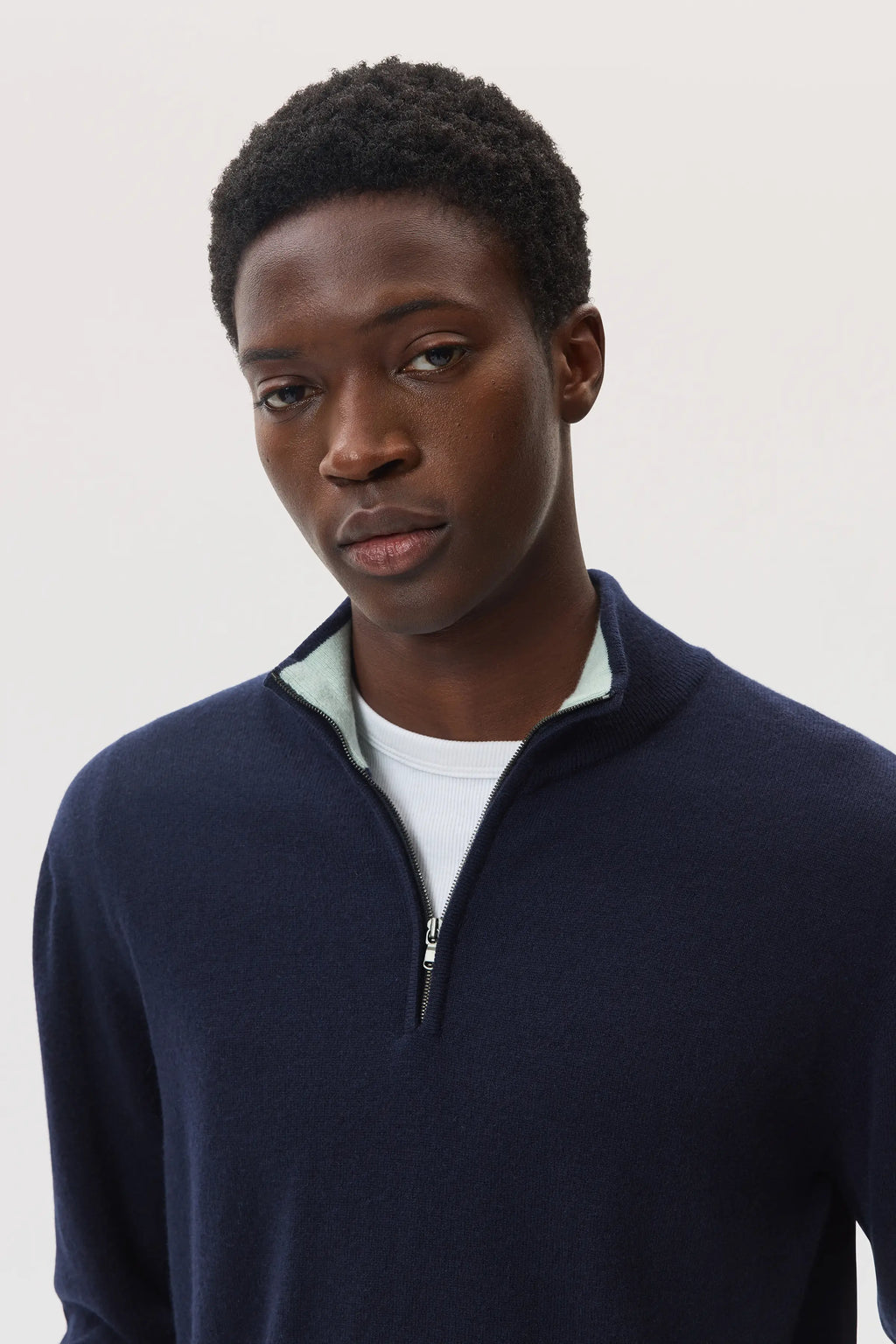 Contrast Trim Cashmere Dark Navy Zip Neck Jumper
