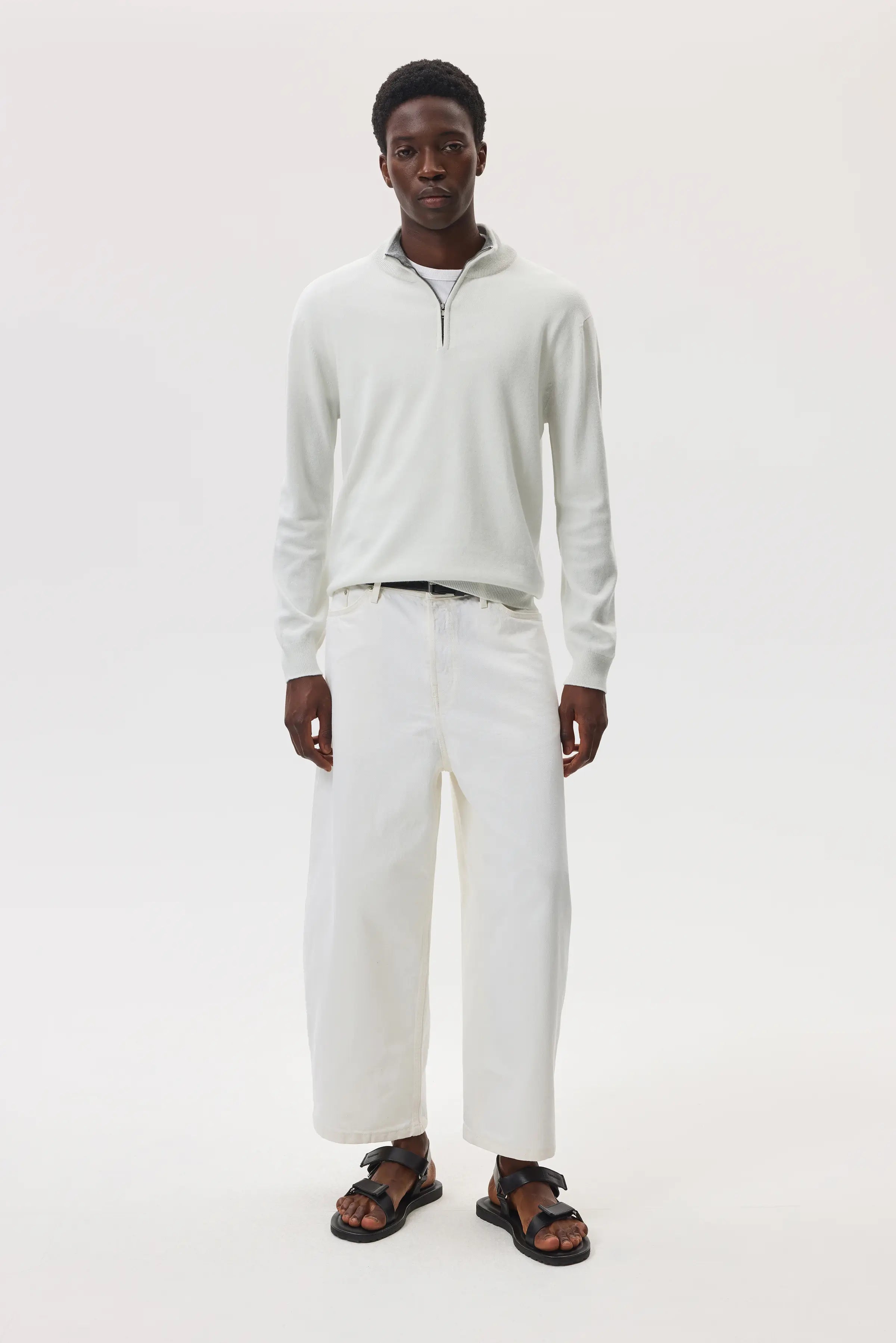 Contrast Trim Cashmere White Zip Neck Jumper