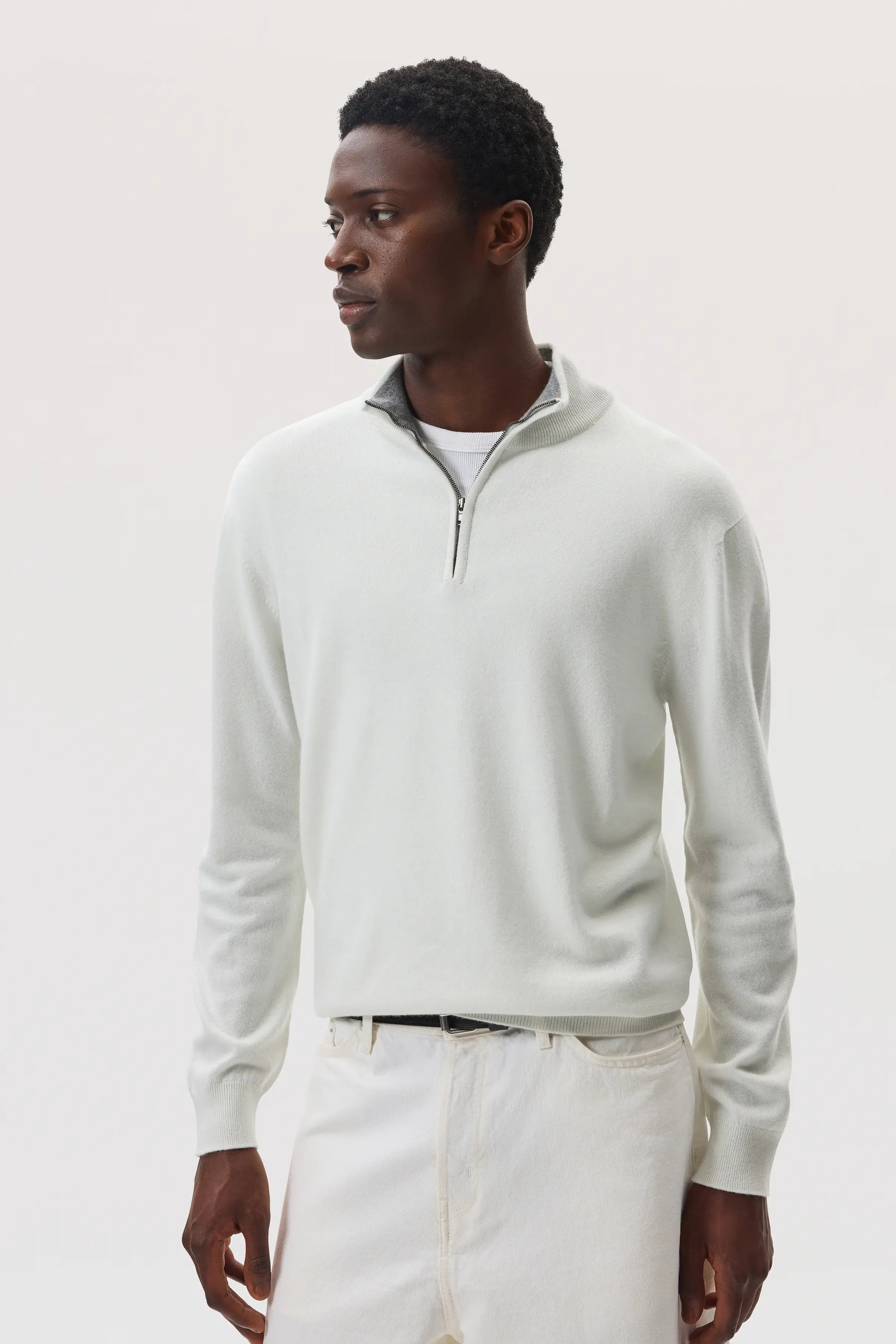 Contrast Trim Cashmere White Zip Neck Jumper
