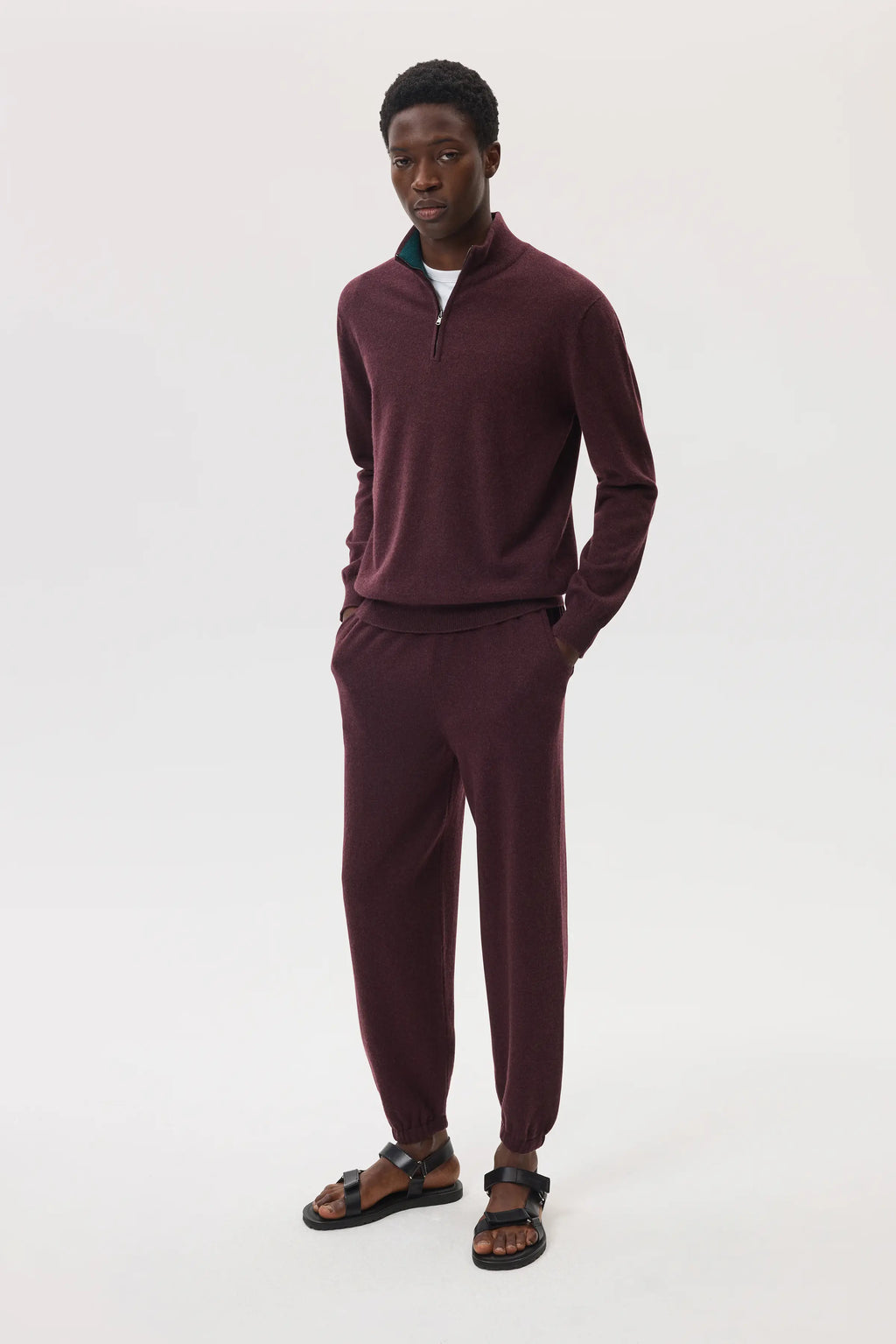 Contrast Trim Deep Red Cashmere Zip Neck Jumper