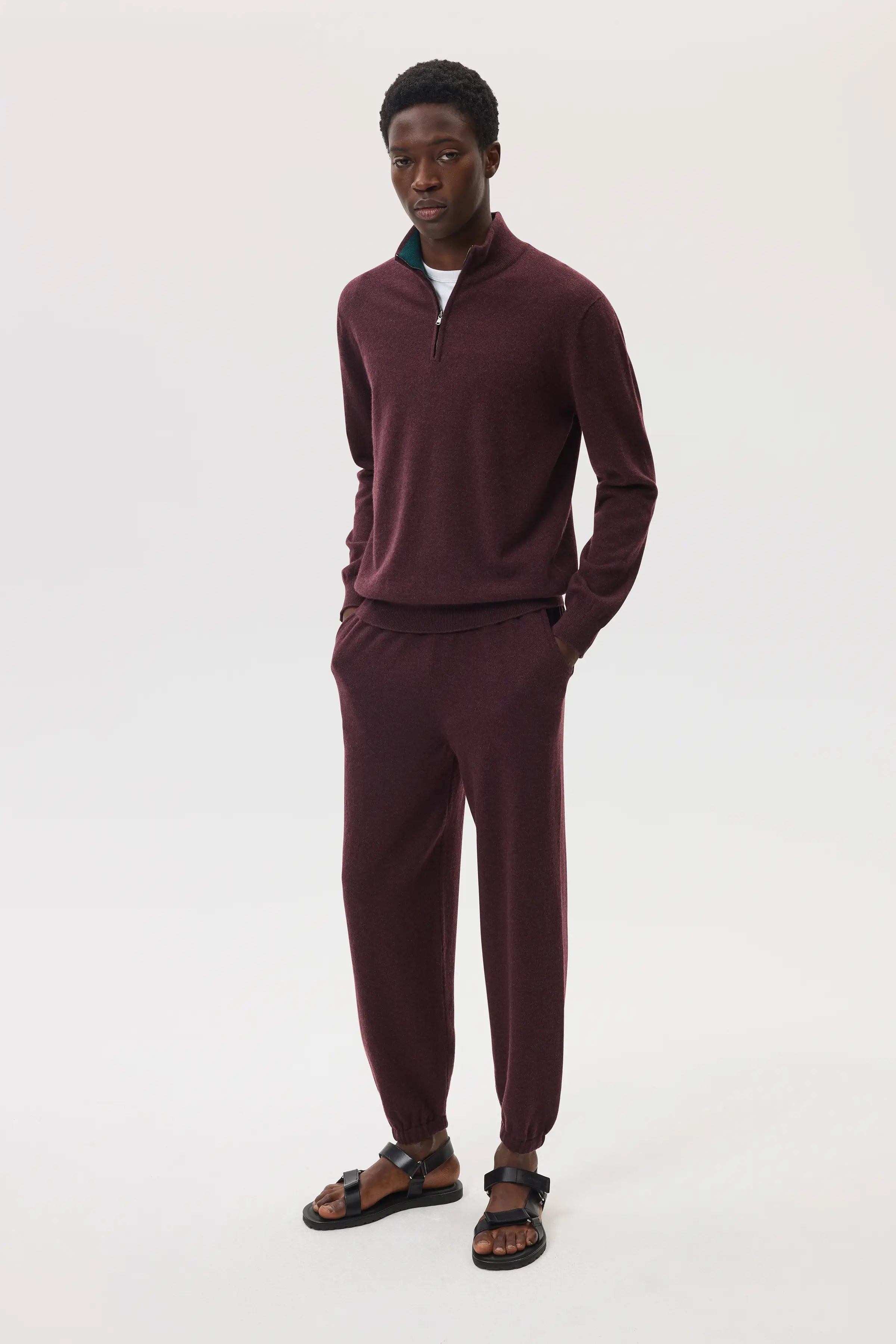 Contrast Trim Deep Red Cashmere Zip Neck Jumper