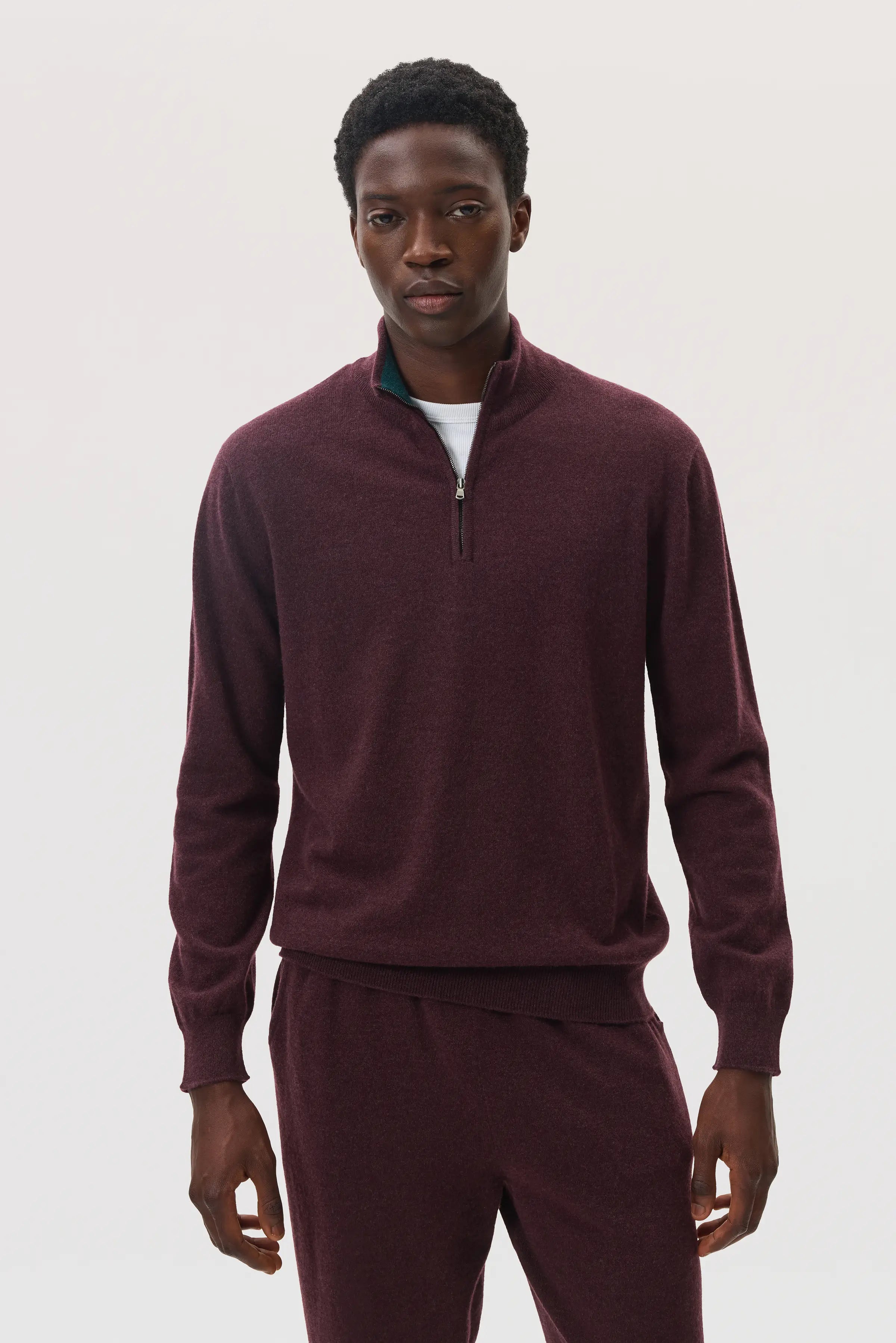 Contrast Trim Deep Red Cashmere Zip Neck Jumper
