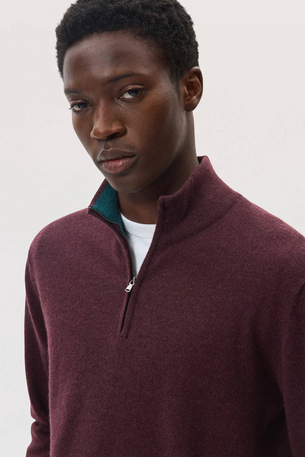 Contrast Trim Deep Red Cashmere Zip Neck Jumper