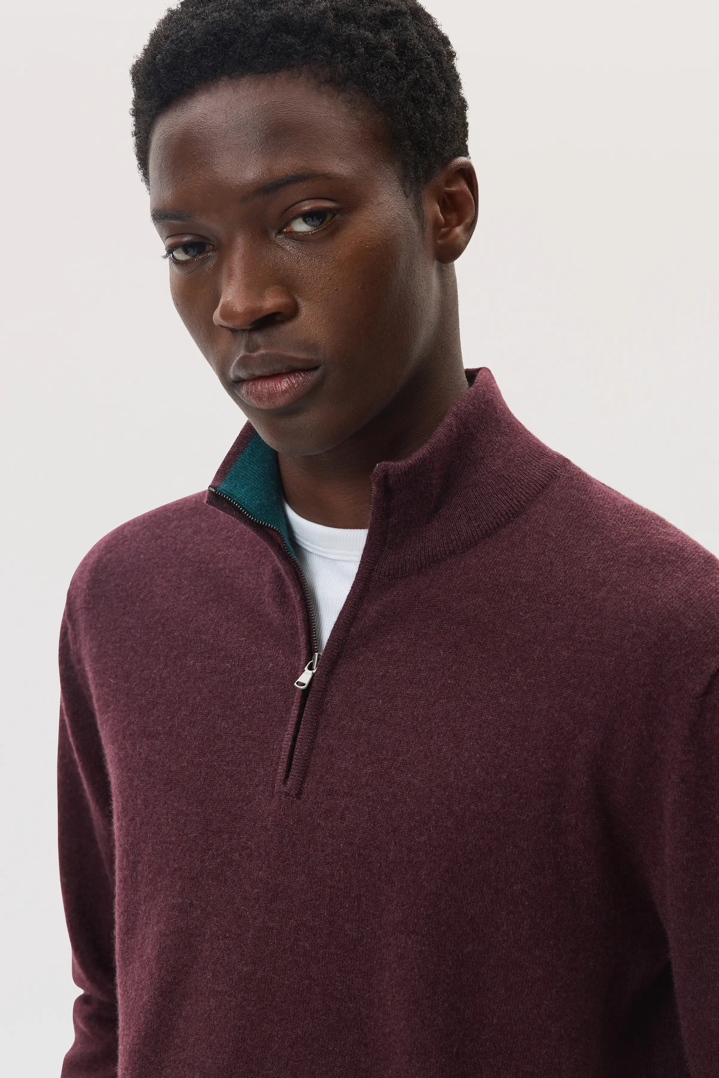 Contrast Trim Deep Red Cashmere Zip Neck Jumper