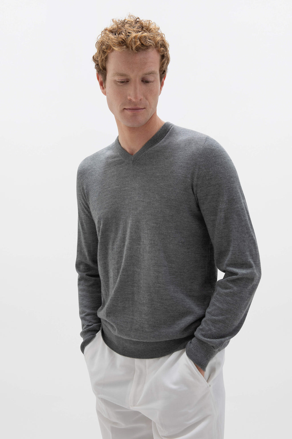 Superfine Cashmere Mid Grey V Neck Jumper