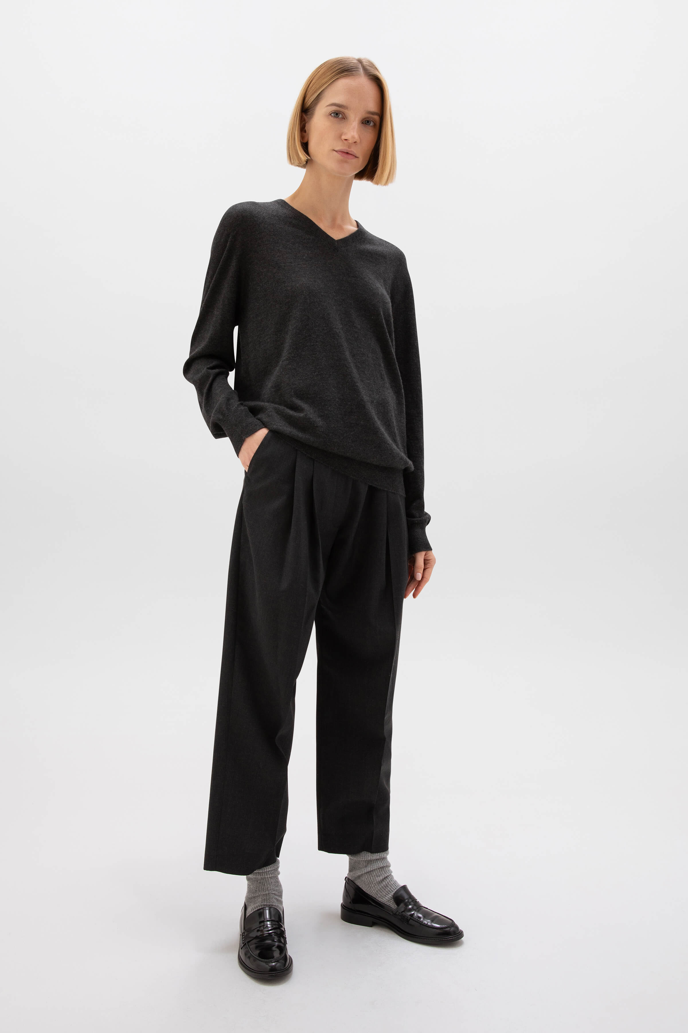 Superfine Cashmere Charcoal V Neck Jumper
