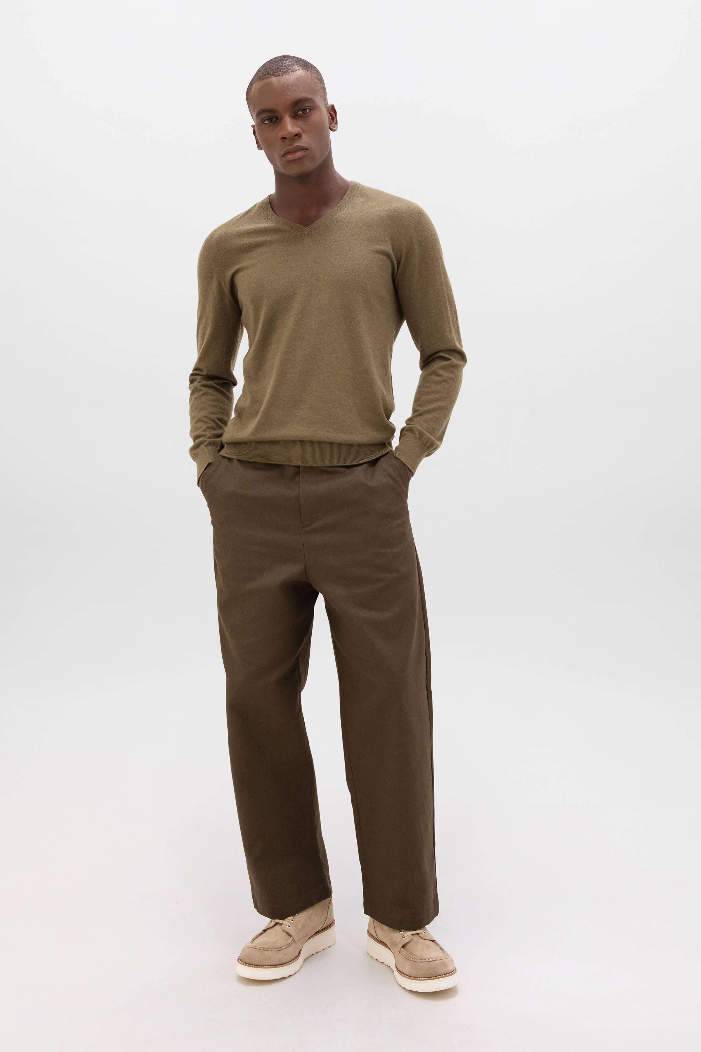 Superfine Cashmere V Neck Olive Green Jumper