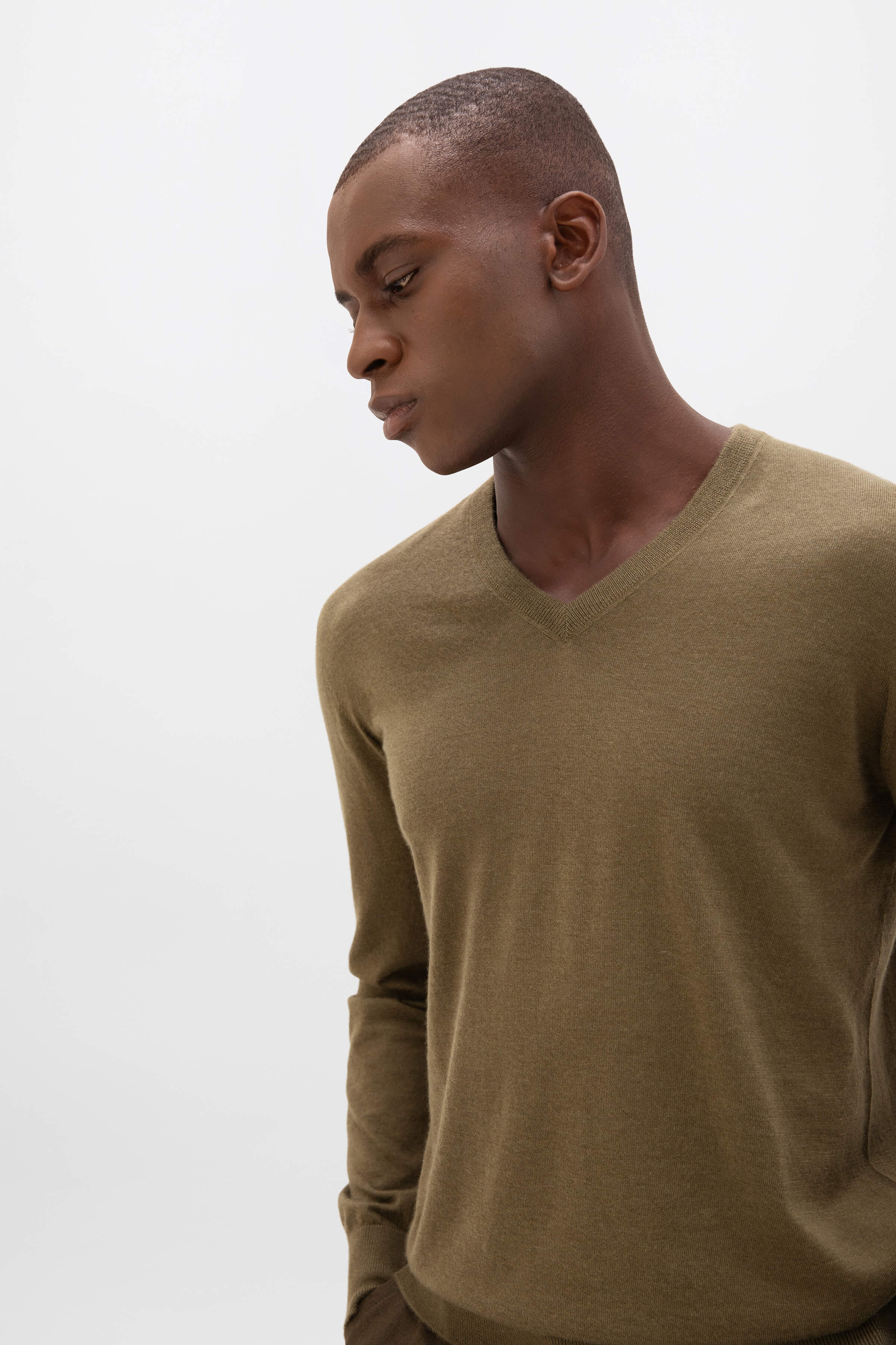Superfine Cashmere V Neck Olive Green Jumper