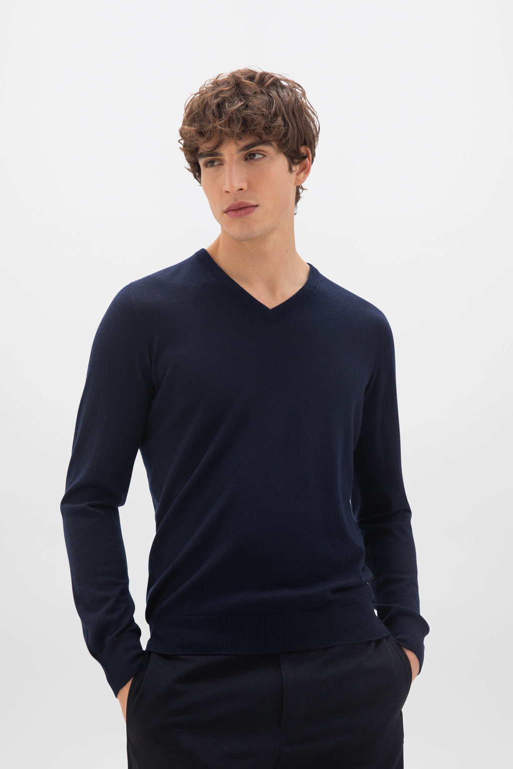 Superfine Cashmere Navy V Neck Jumper