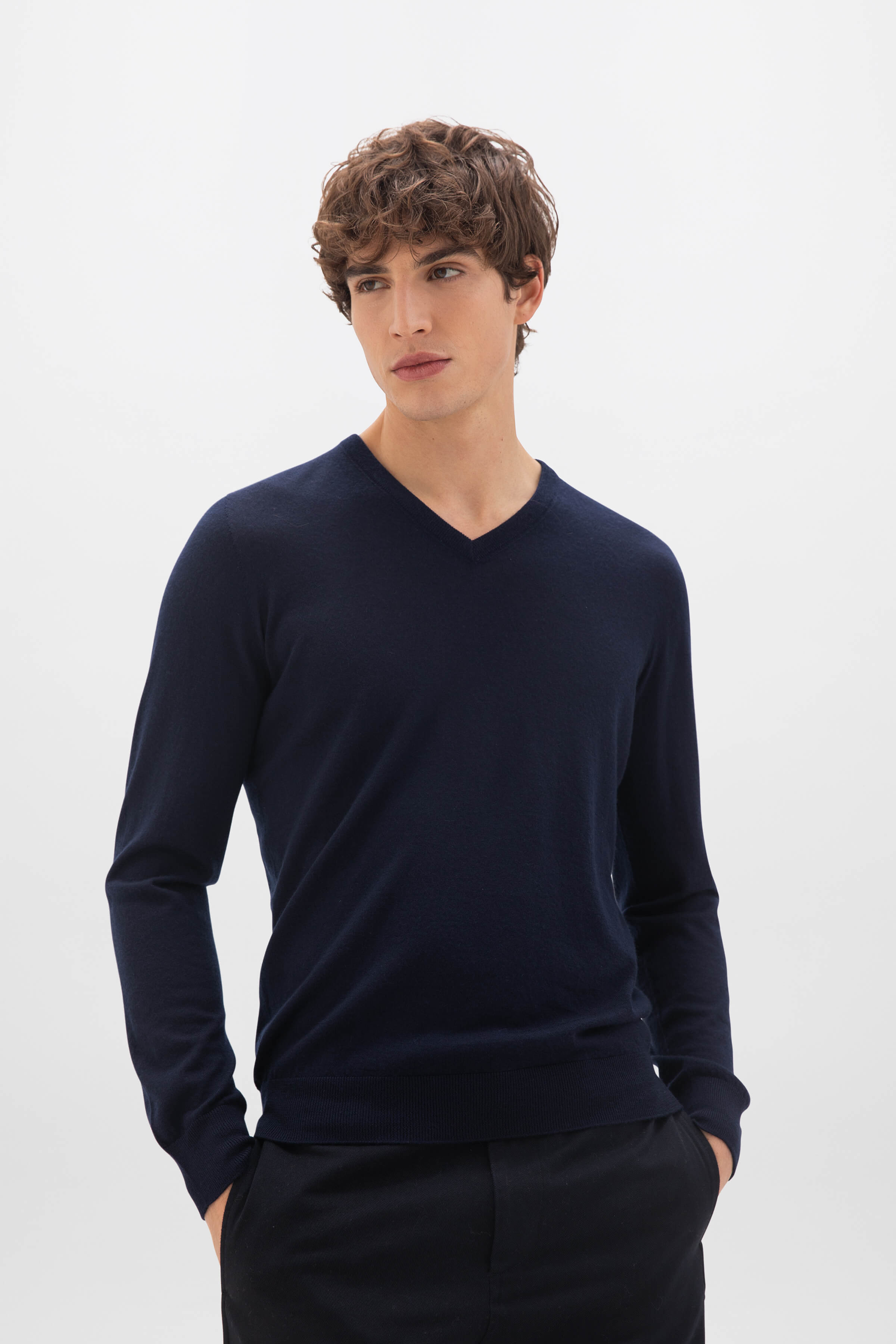 Superfine Cashmere Navy V Neck Jumper