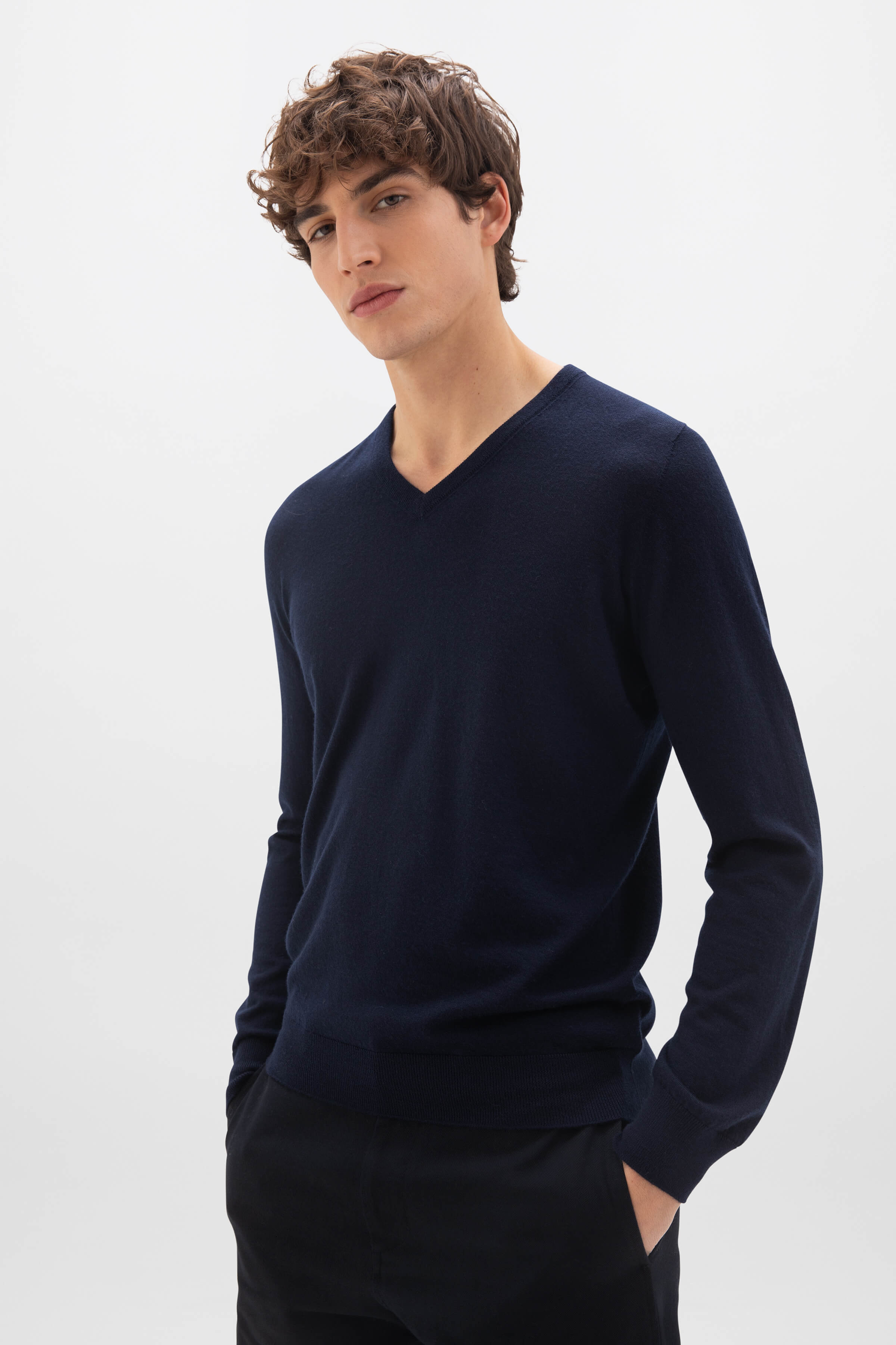 Superfine Cashmere Navy V Neck Jumper