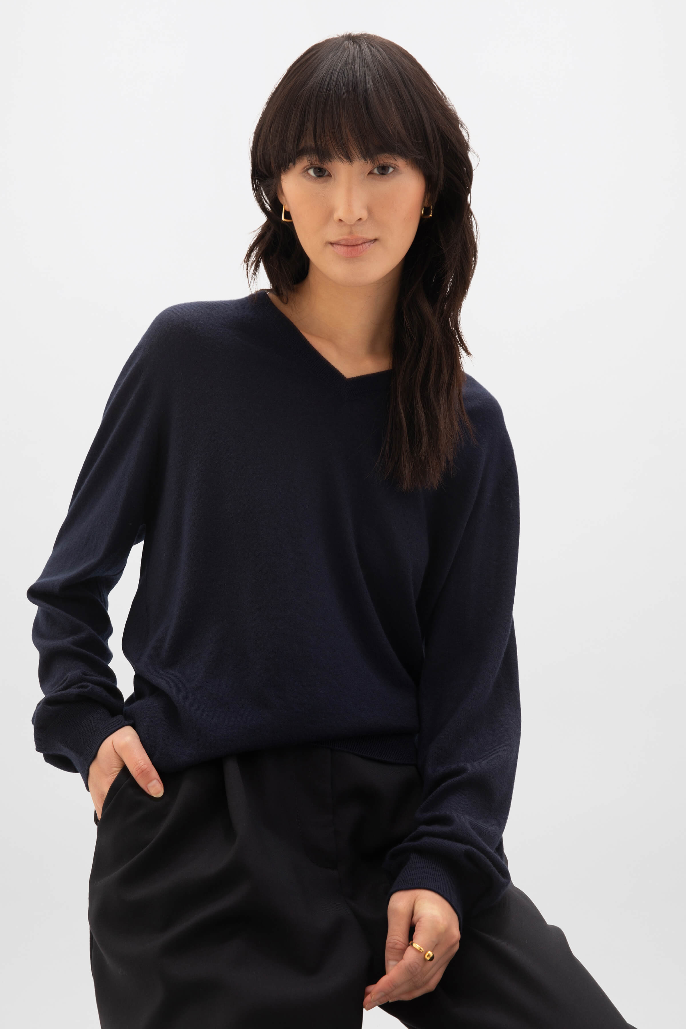 Superfine Cashmere Navy V Neck Jumper