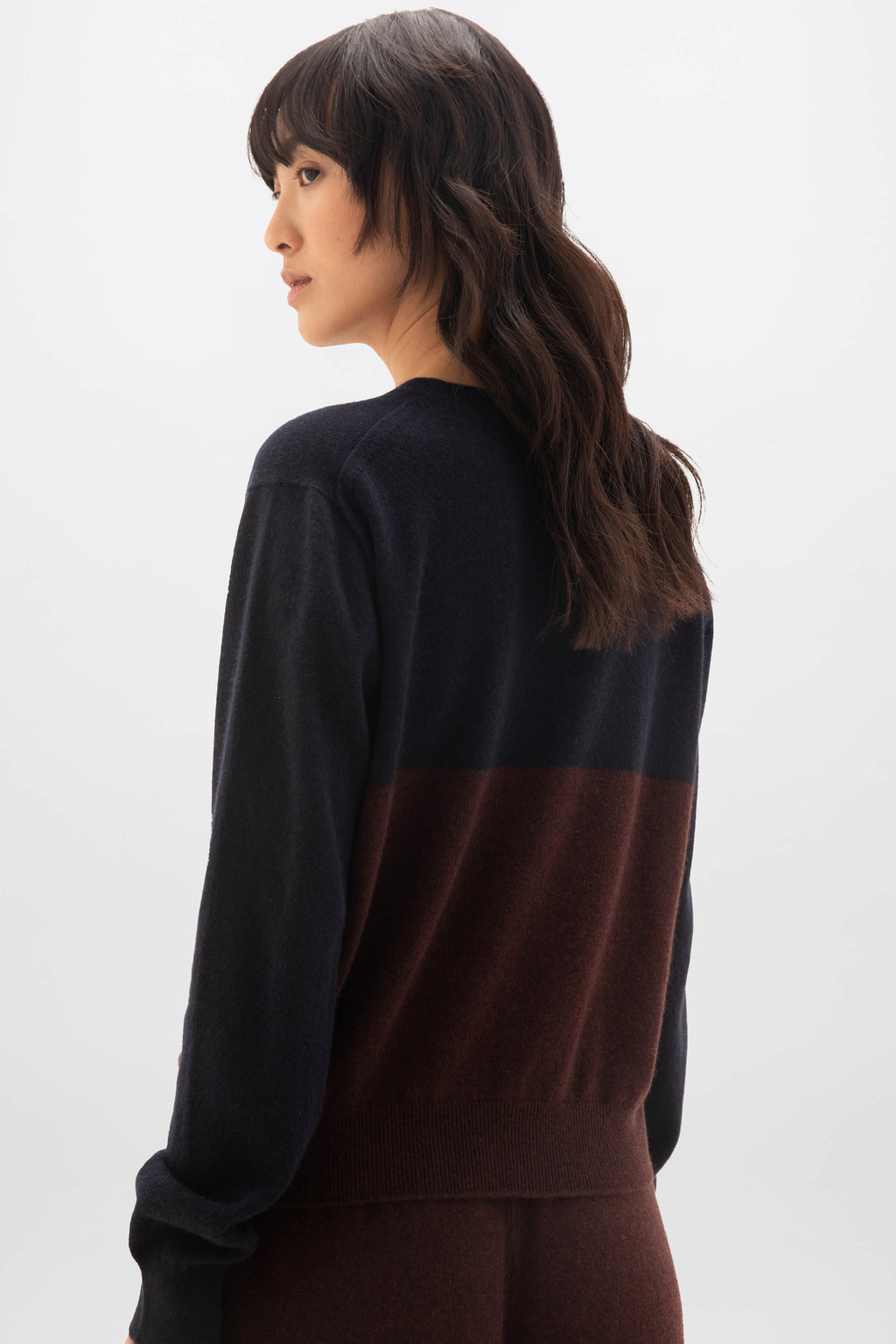 Colour Block Cropped Dark Brown Cashmere Sweater