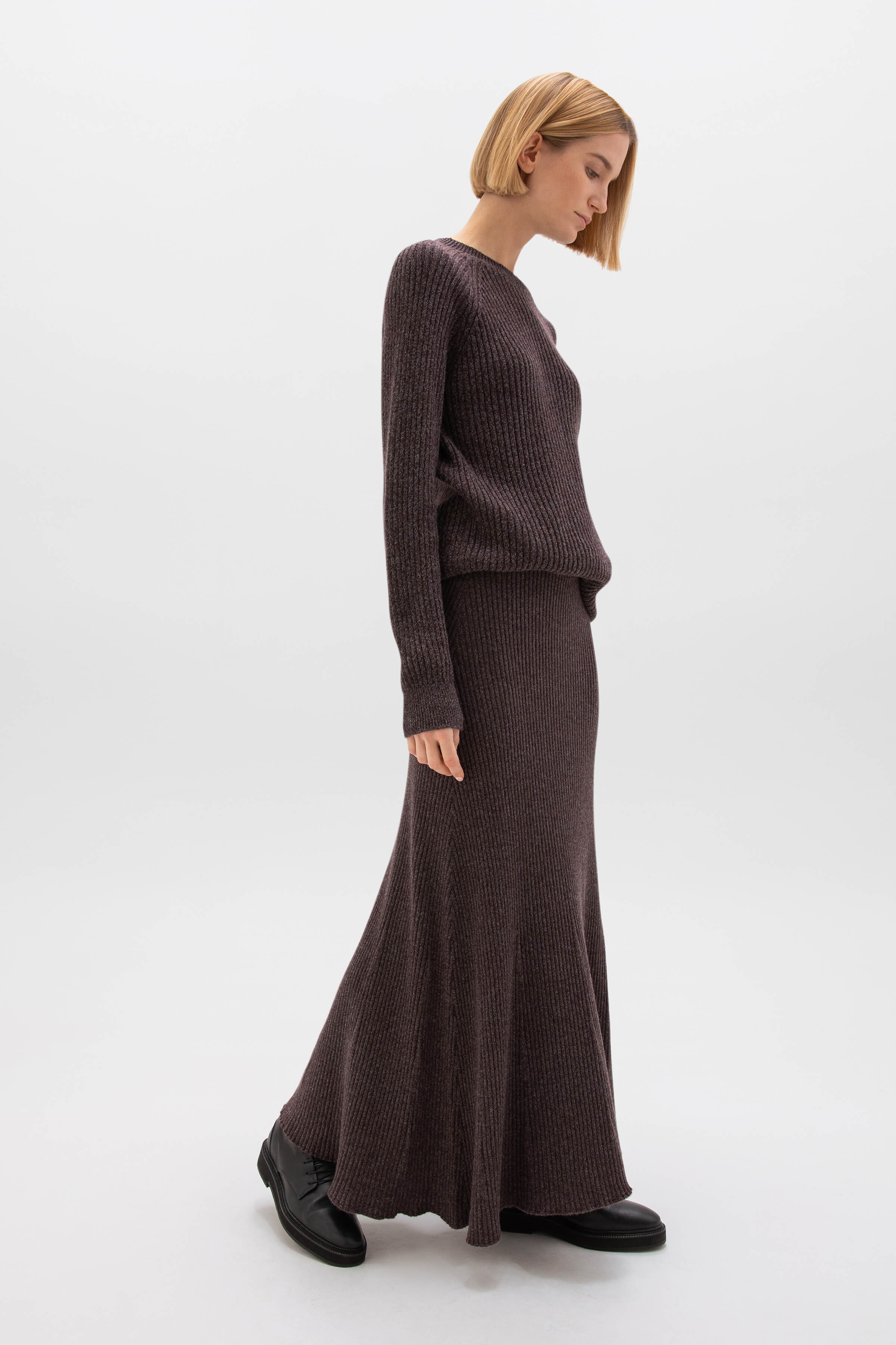 Ribbed Brown Marl Cashmere Skirt