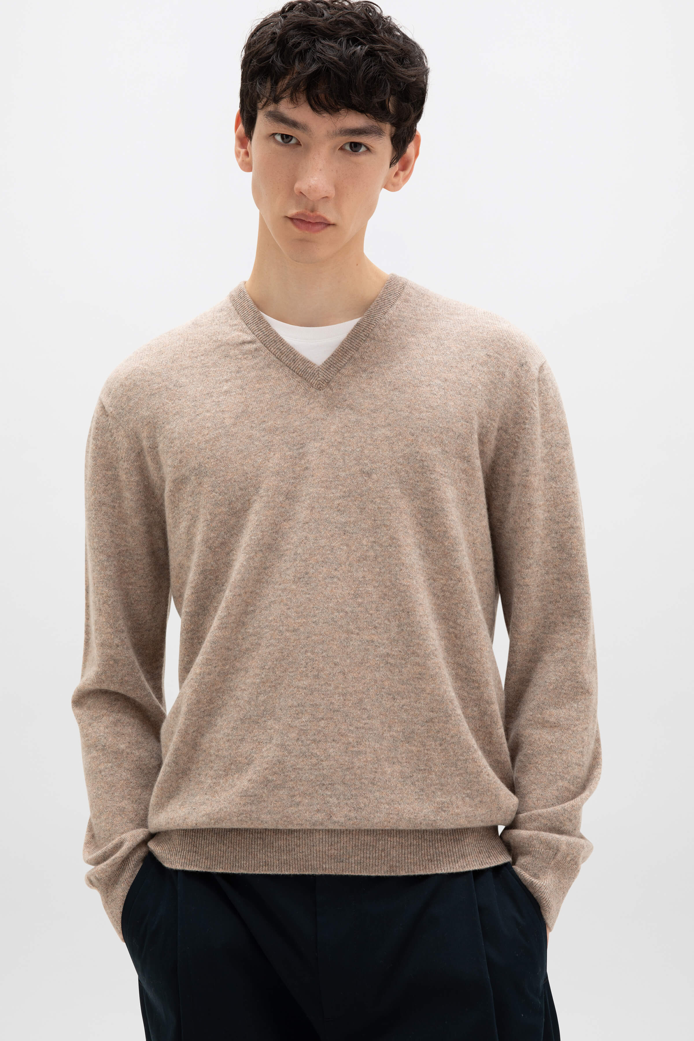 Classic Light Brown Cashmere V Neck Jumper