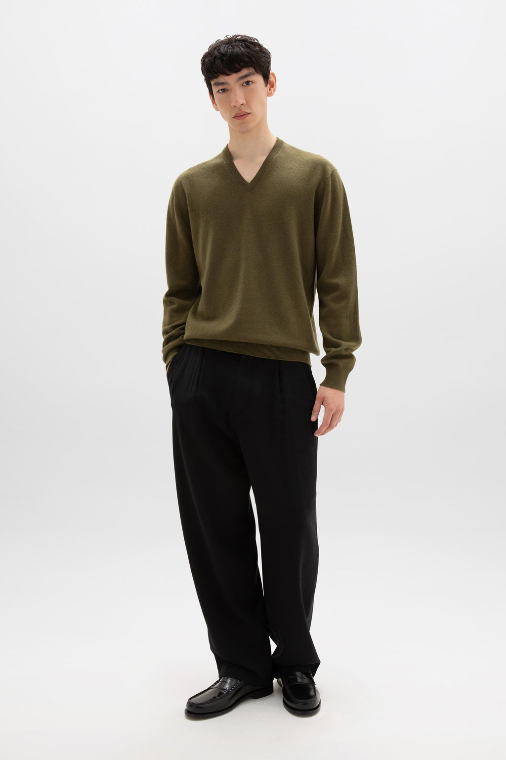 Olive Green Cashmere V Neck Jumper