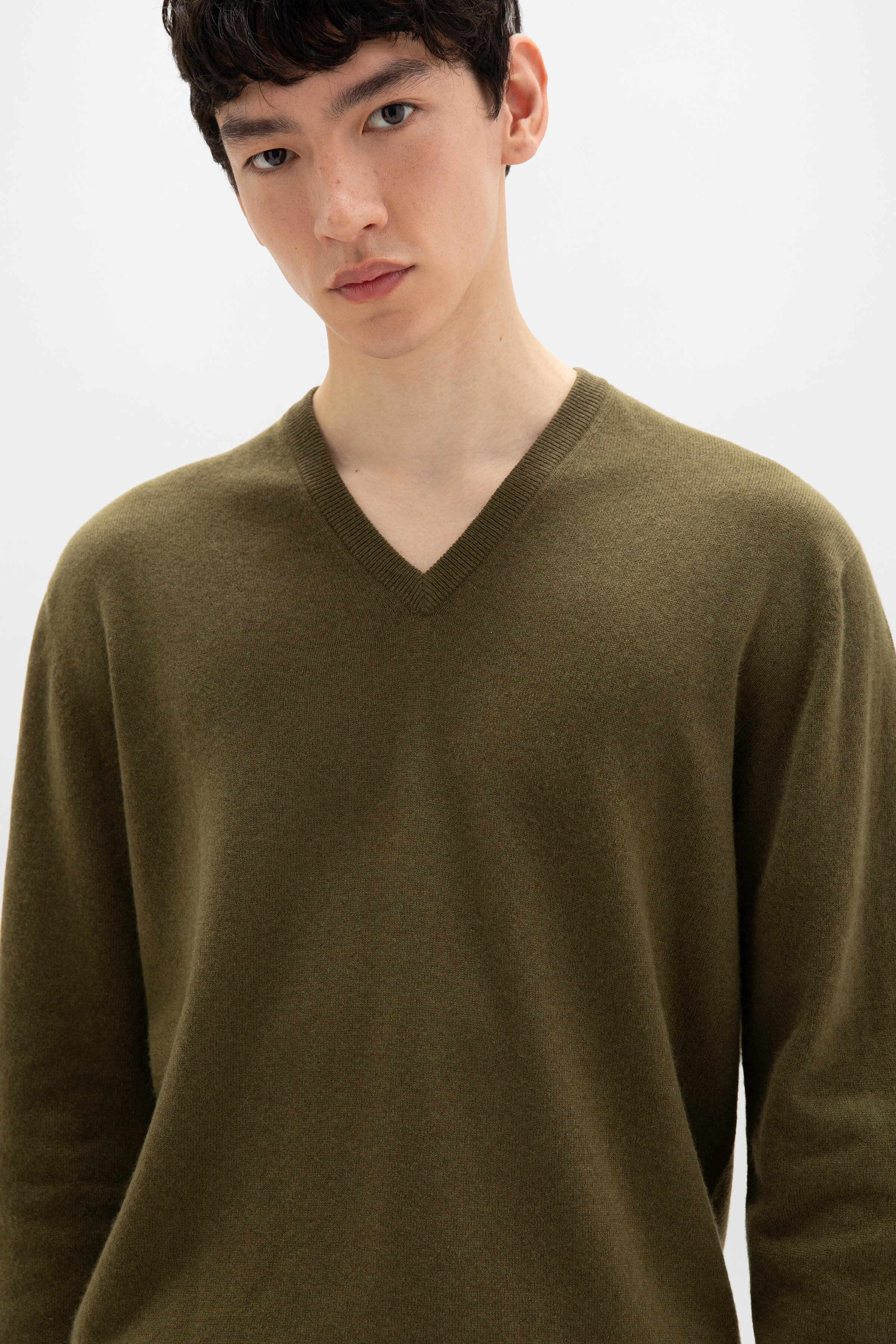Olive Green Cashmere V Neck Jumper