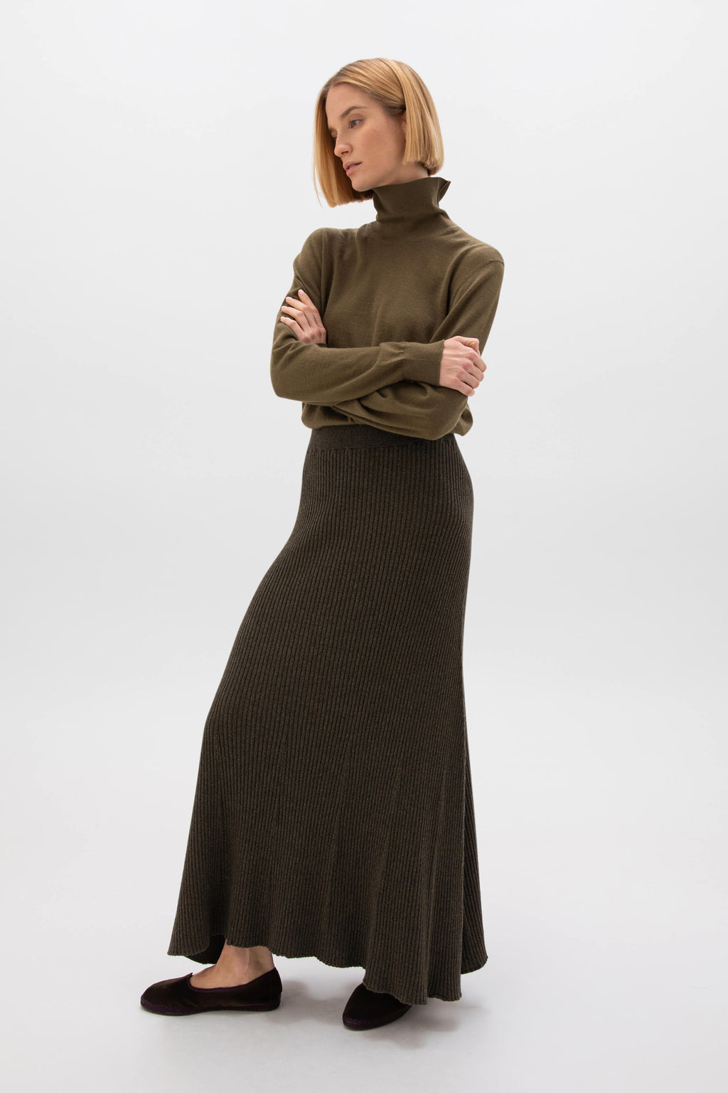 Ribbed Olive Green Cashmere Skirt