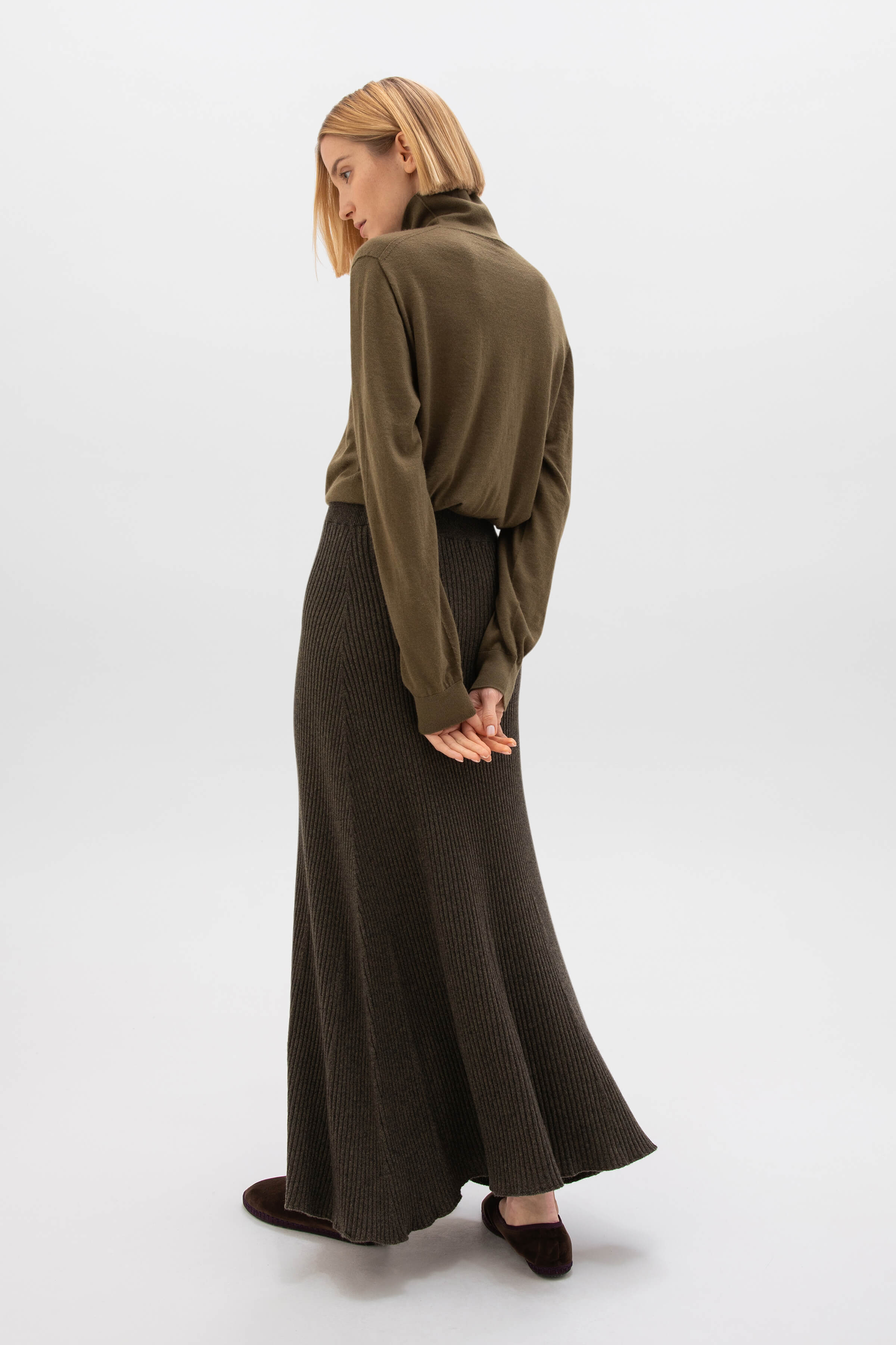 Ribbed Olive Green Cashmere Skirt