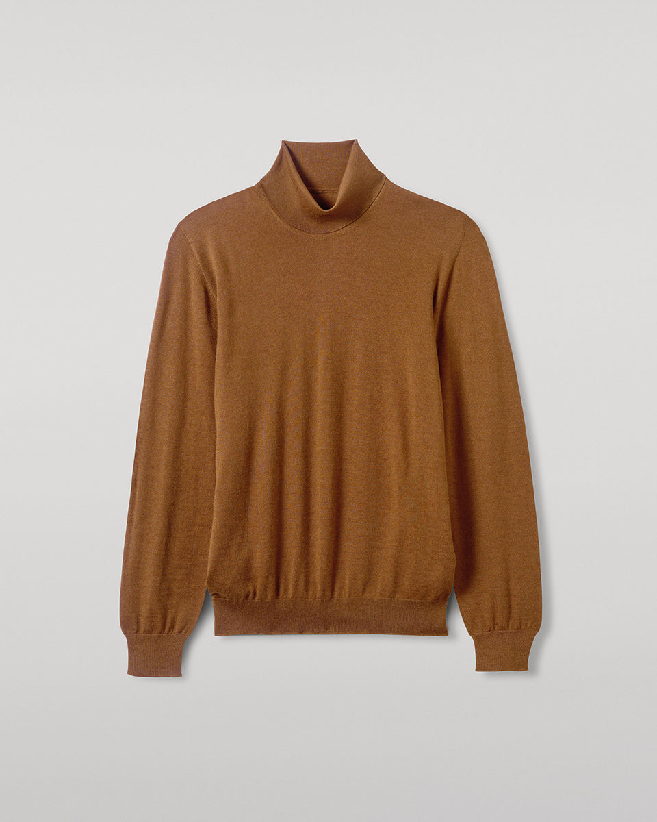 Superfine Cashmere Dark Camel Roll Neck Jumper