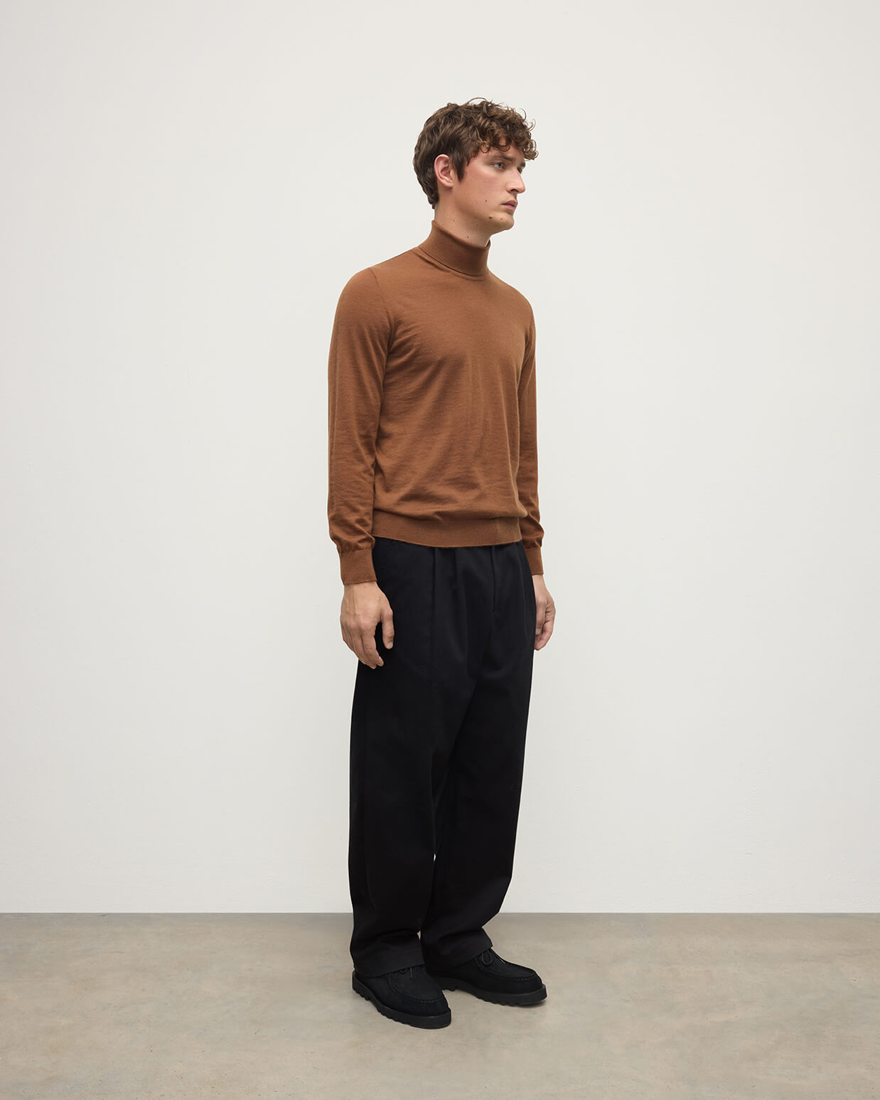Superfine Cashmere Dark Camel Roll Neck Jumper