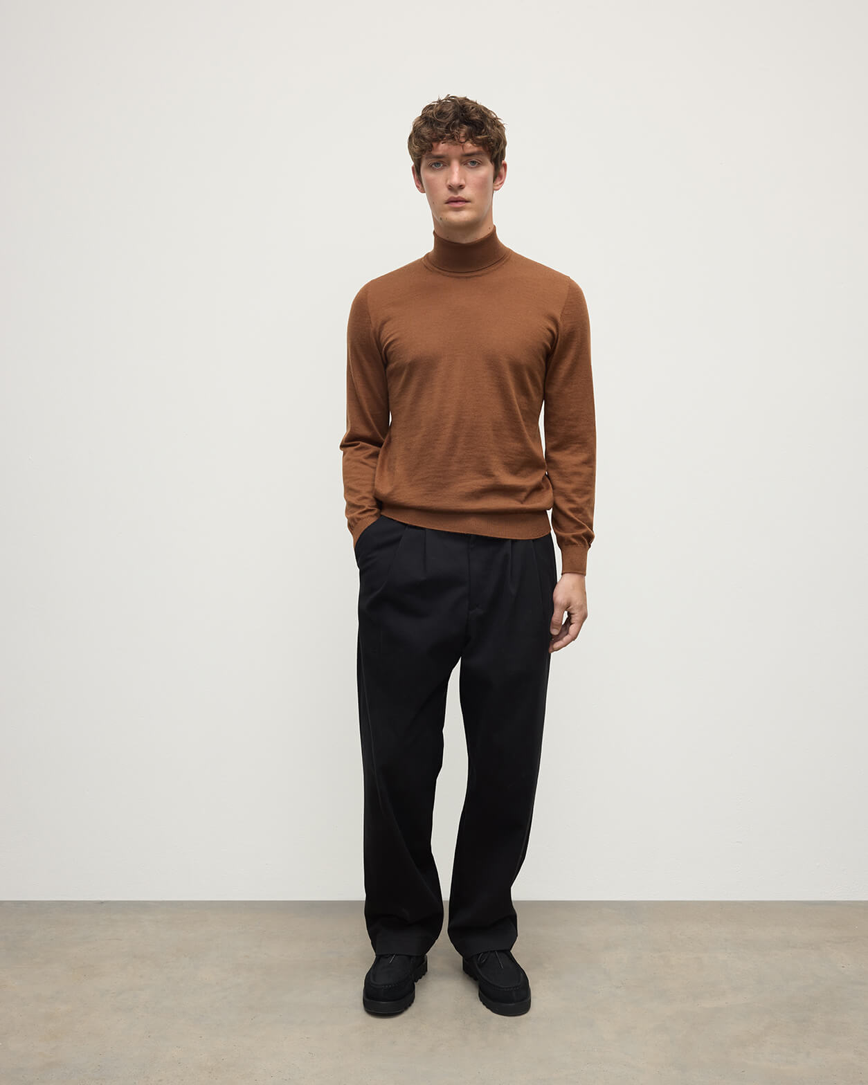 Superfine Cashmere Dark Camel Roll Neck Jumper