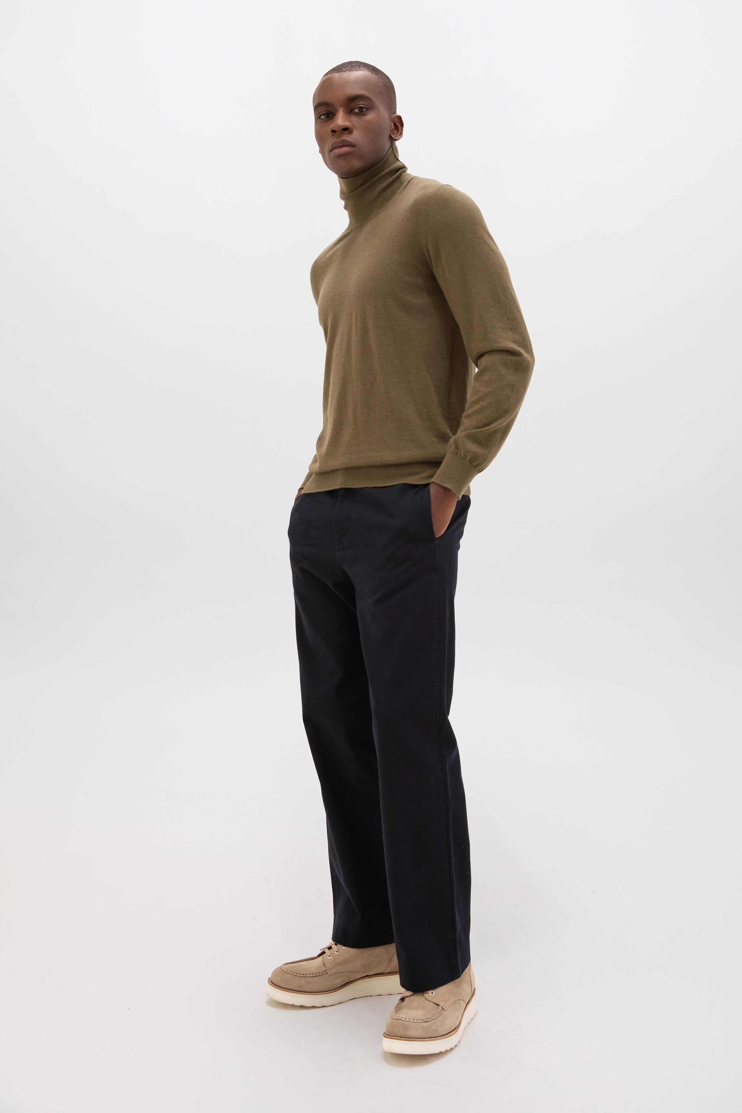 Superfine Cashmere Roll Neck Olive Green Jumper