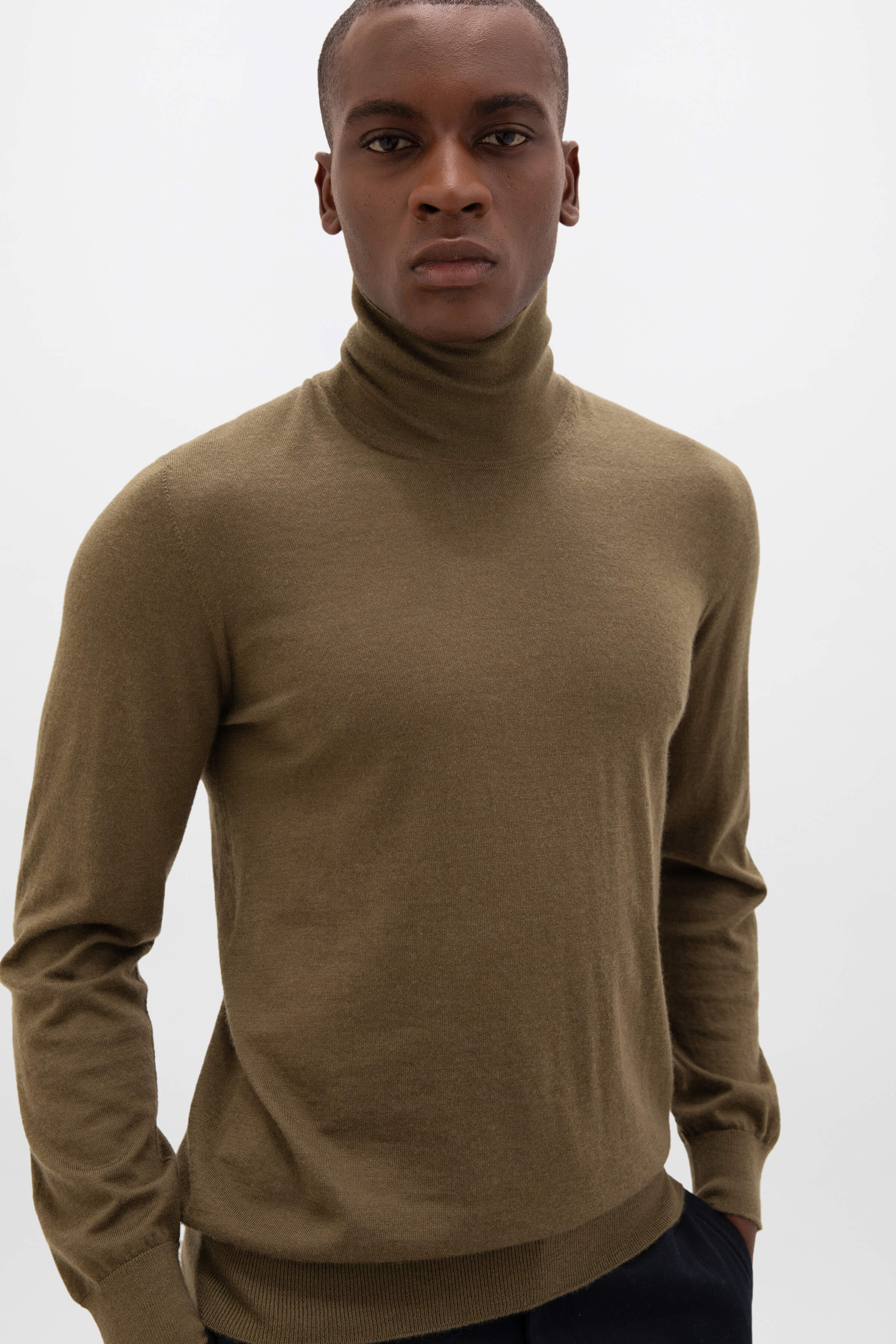 Superfine Cashmere Roll Neck Olive Green Jumper
