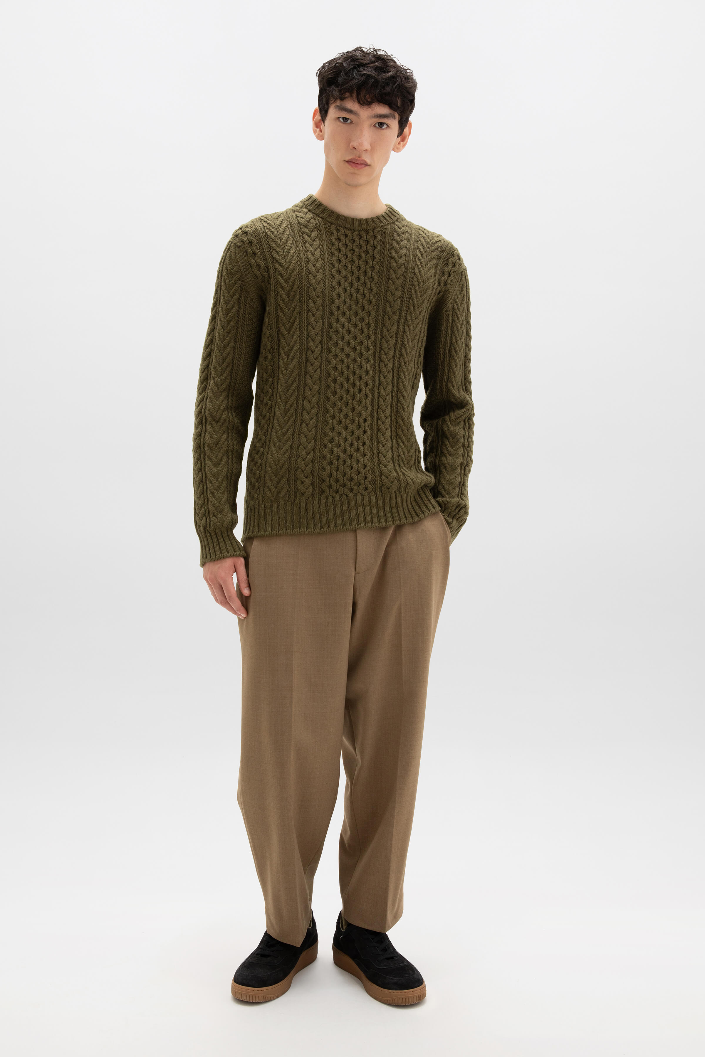 Aran Cable Olive Green Cashmere Jumper