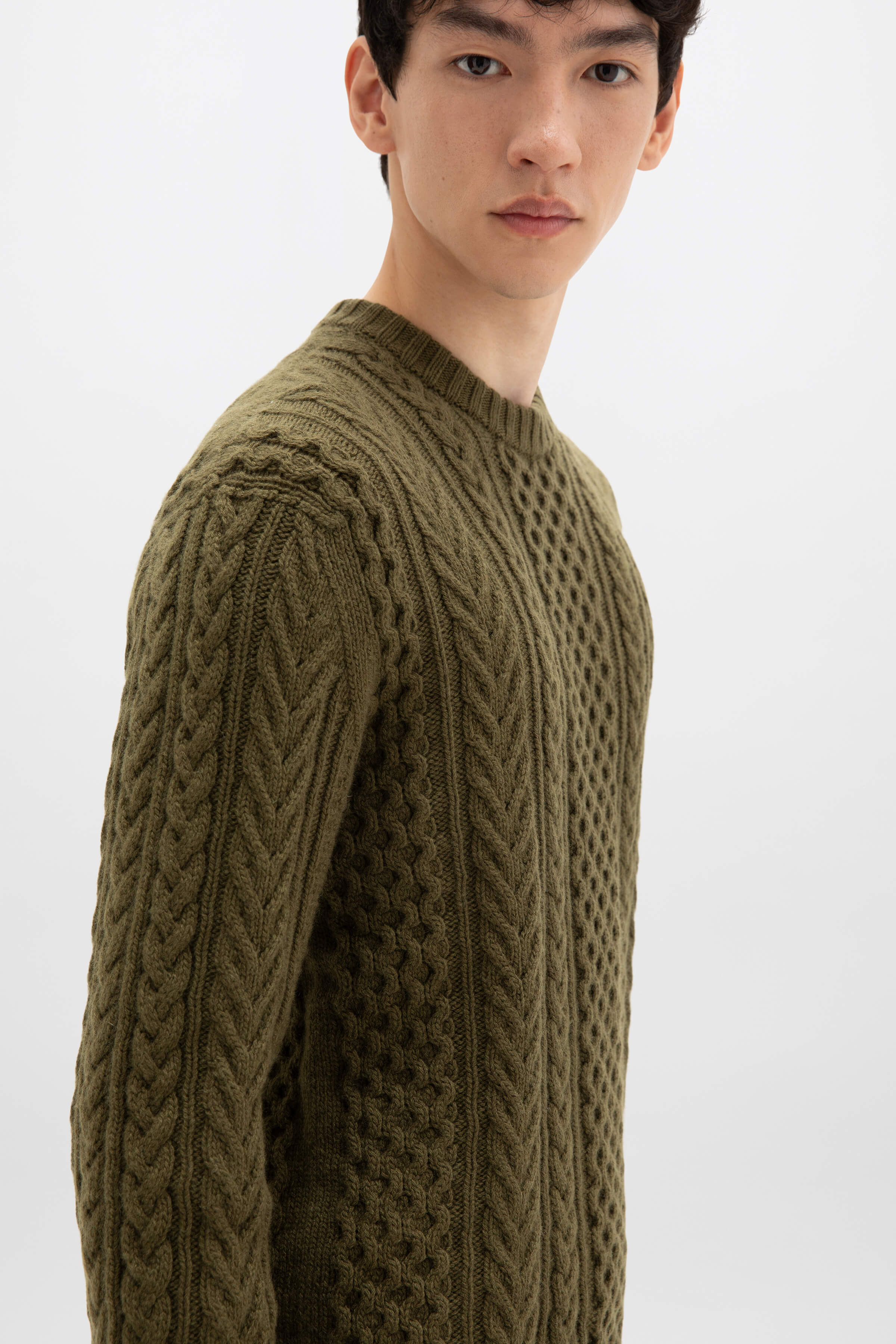 Aran Cable Olive Green Cashmere Jumper