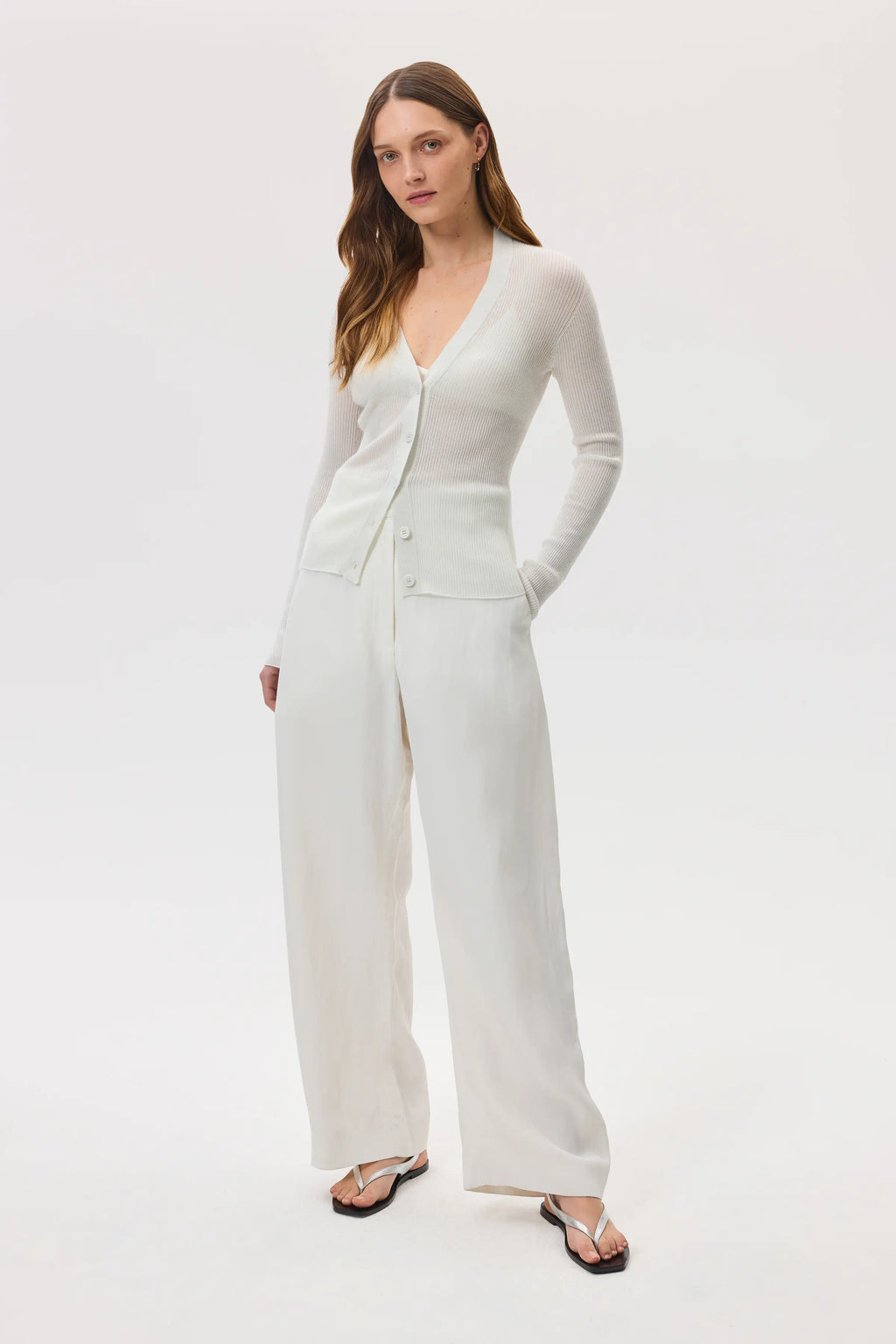 Superfine Cashmere White Ribbed Cardigan