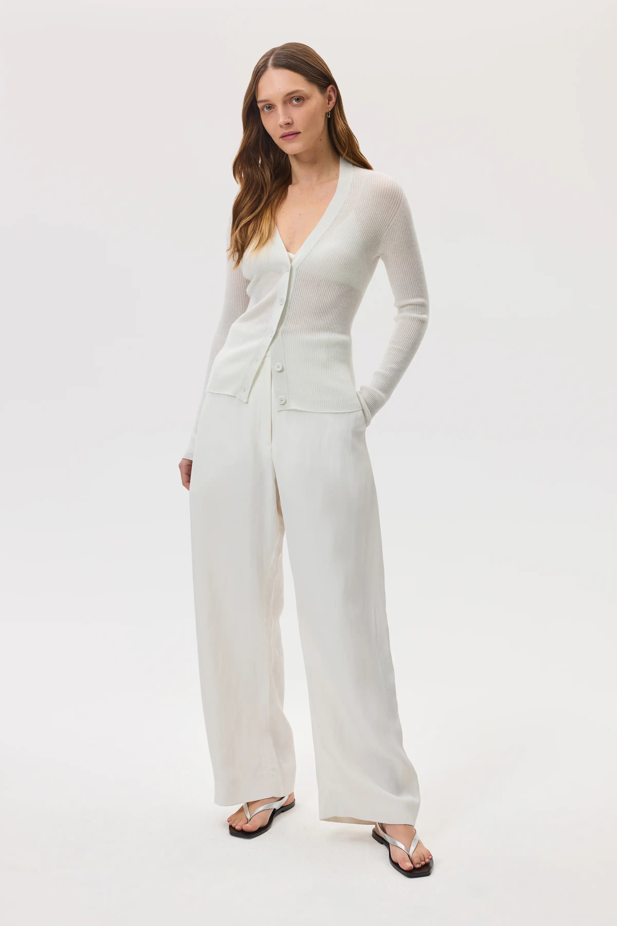 Superfine Cashmere White Ribbed Cardigan