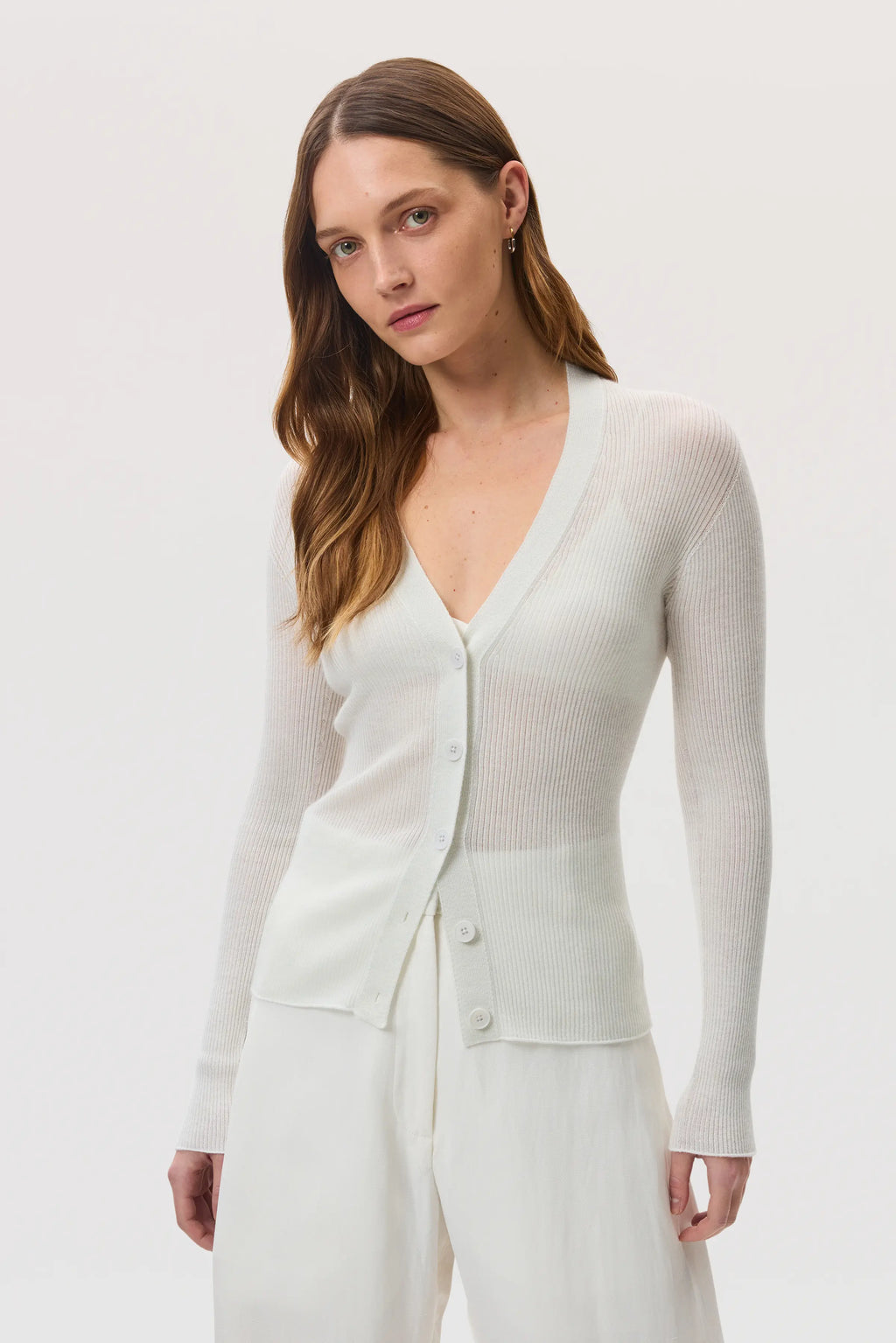 Superfine Cashmere White Ribbed Cardigan