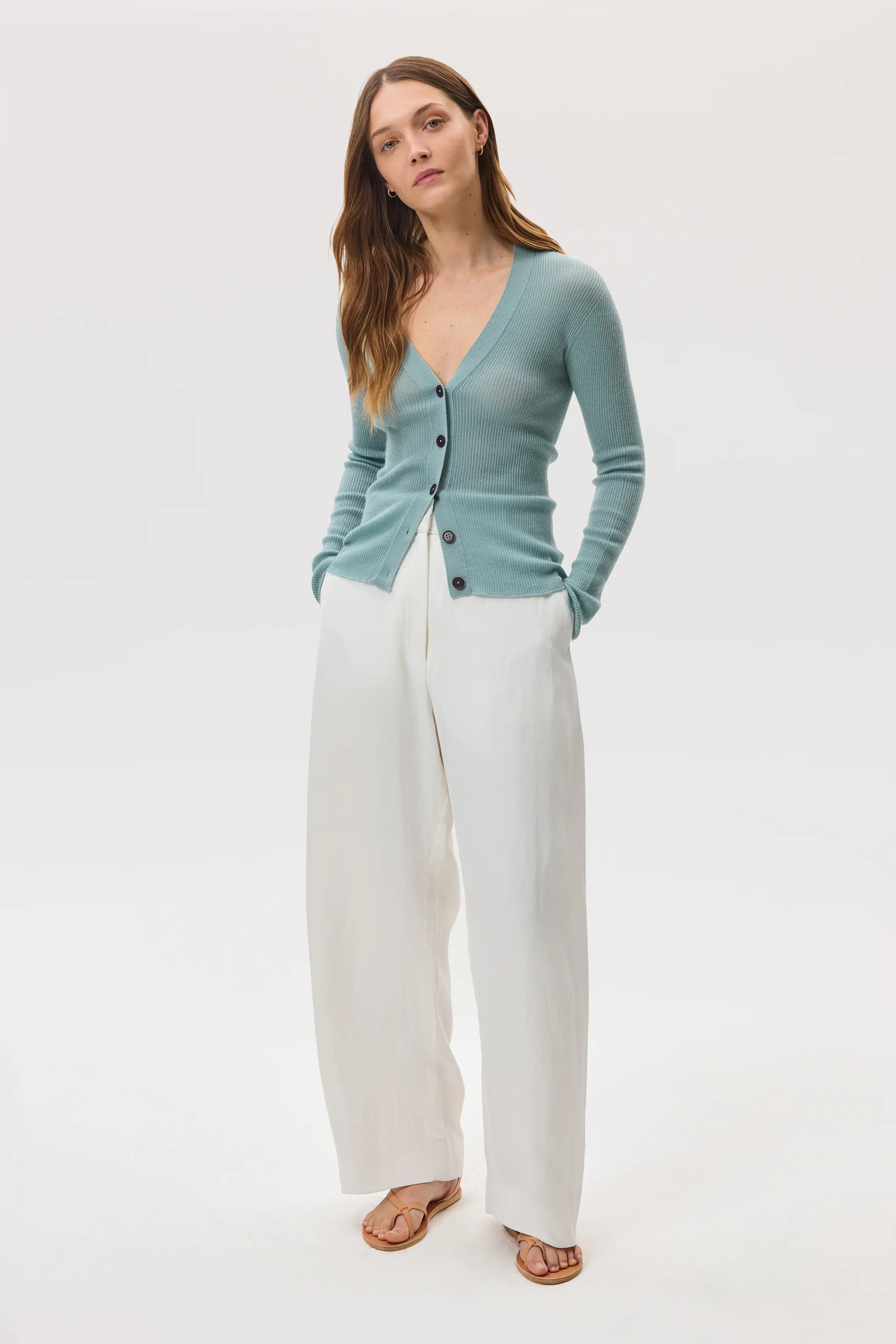 Superfine Cashmere Light Green Ribbed Cardigan
