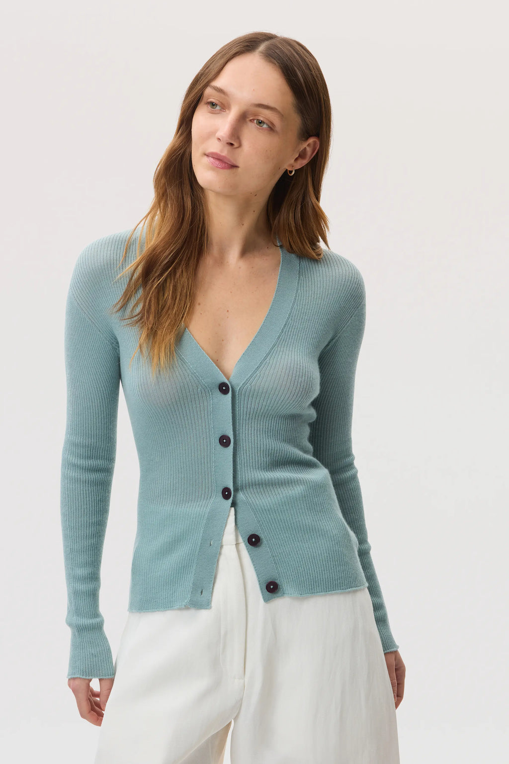 Superfine Cashmere Light Green Ribbed Cardigan
