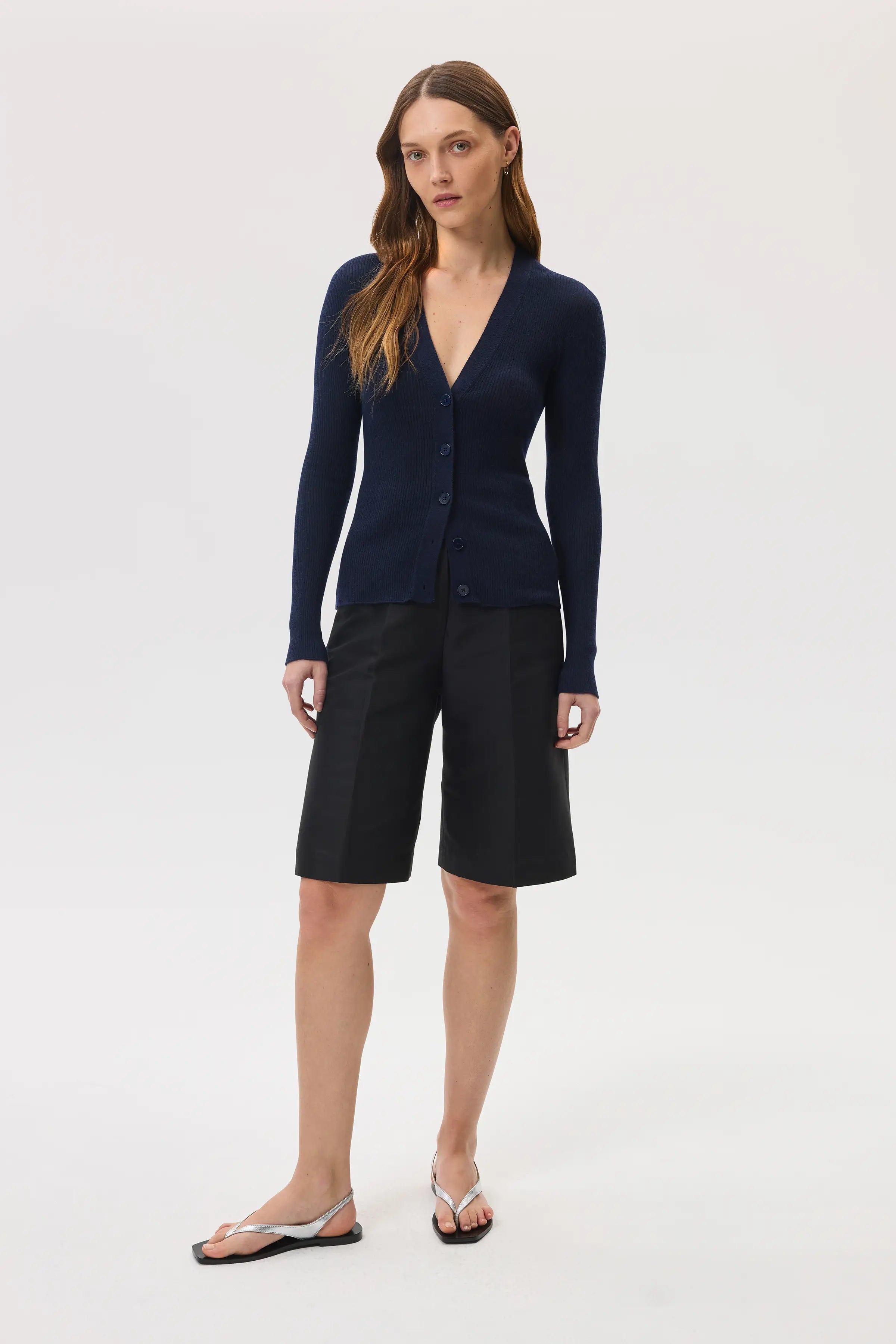 Superfine Cashmere Dark Navy Ribbed Cardigan