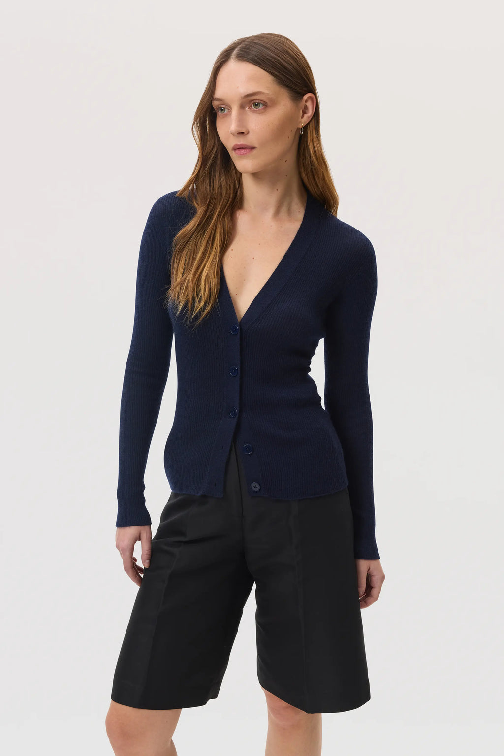 Superfine Cashmere Dark Navy Ribbed Cardigan