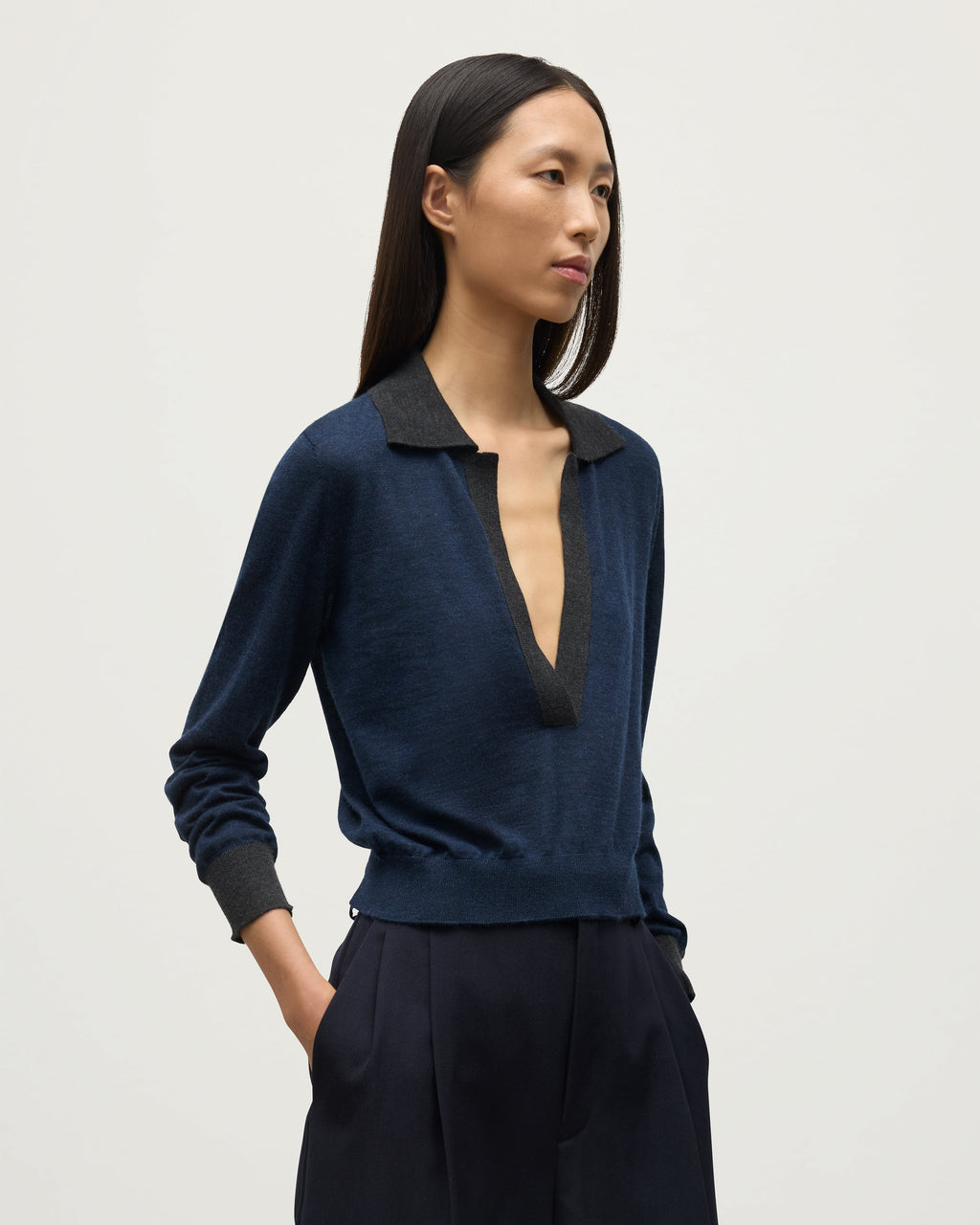 Dee Navy & Grey Superfine Cashmere Polo Shirt