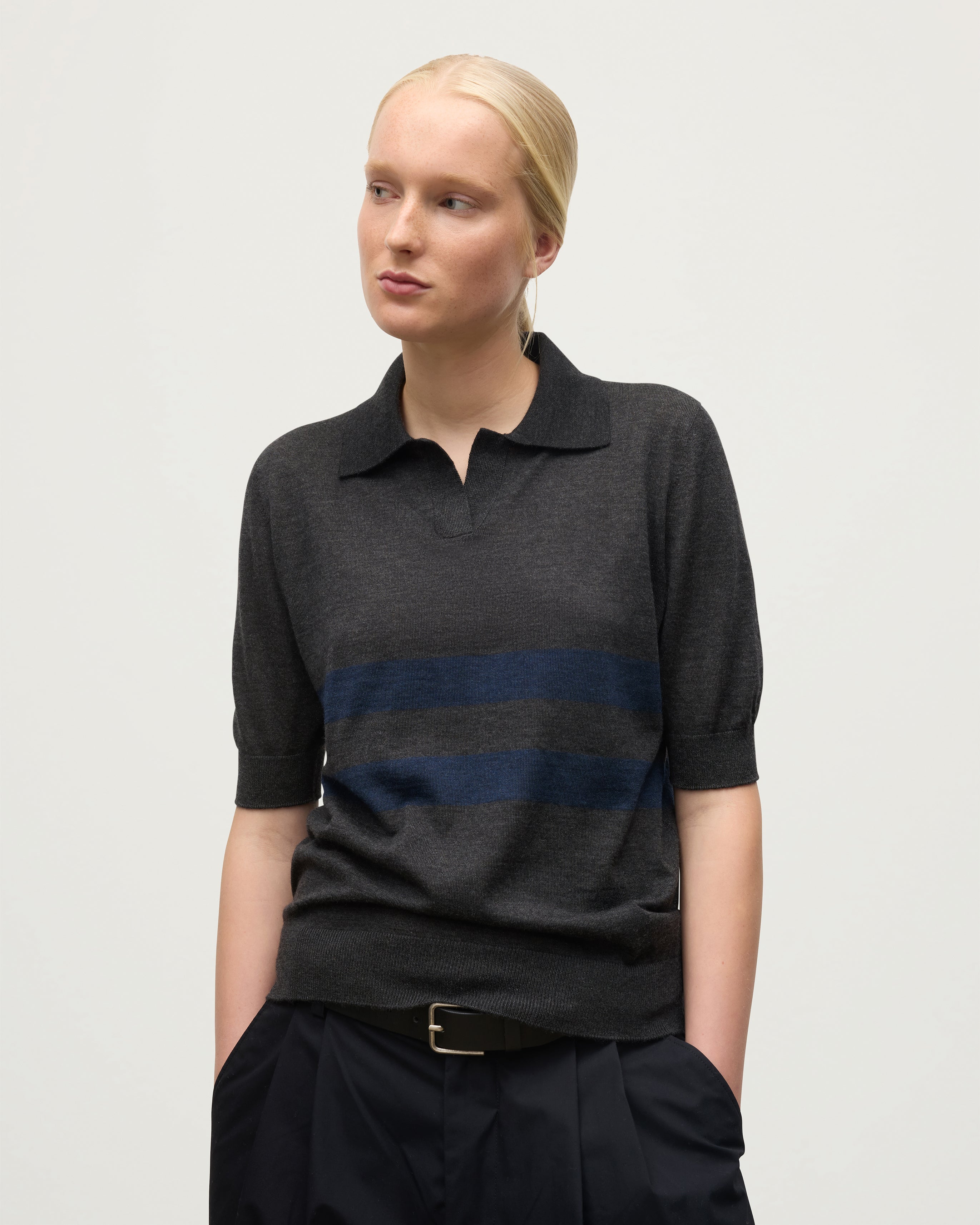 Coira Charcoal & Navy Superfine Cashmere Polo Shirt