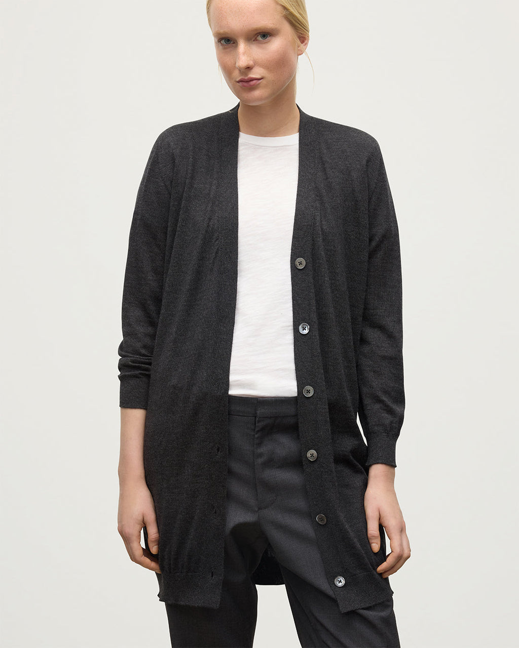 Elise Dark Grey Long Superfine Cashmere Cardigan