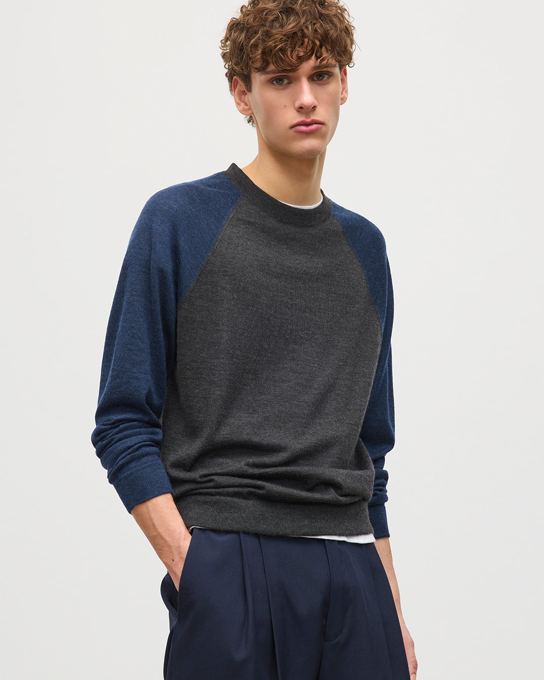Leith Grey & Navy Ringer Superfine Cashmere Jumper