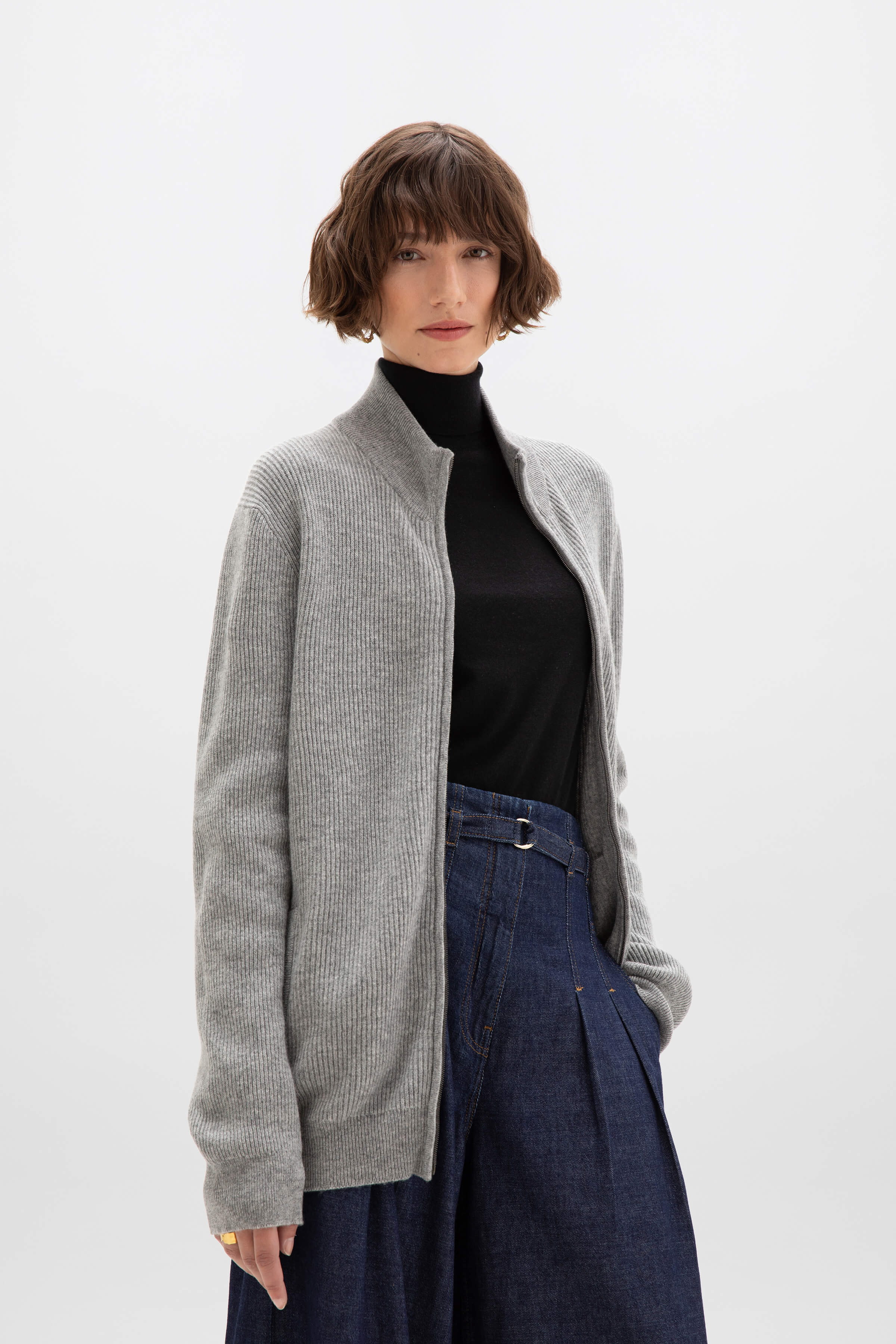 Ribbed Cashmere Light Grey Cardigan