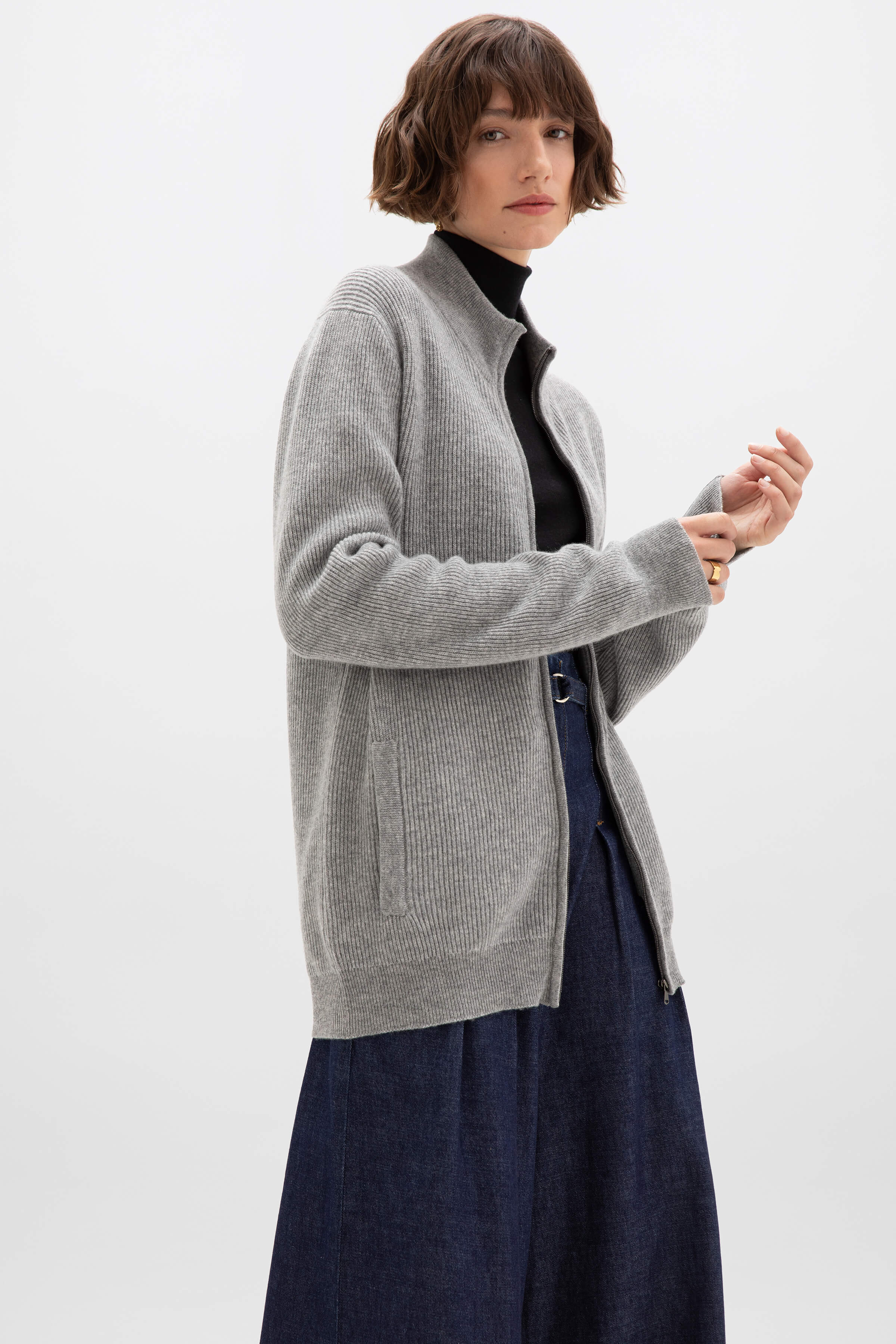Ribbed Cashmere Light Grey Cardigan