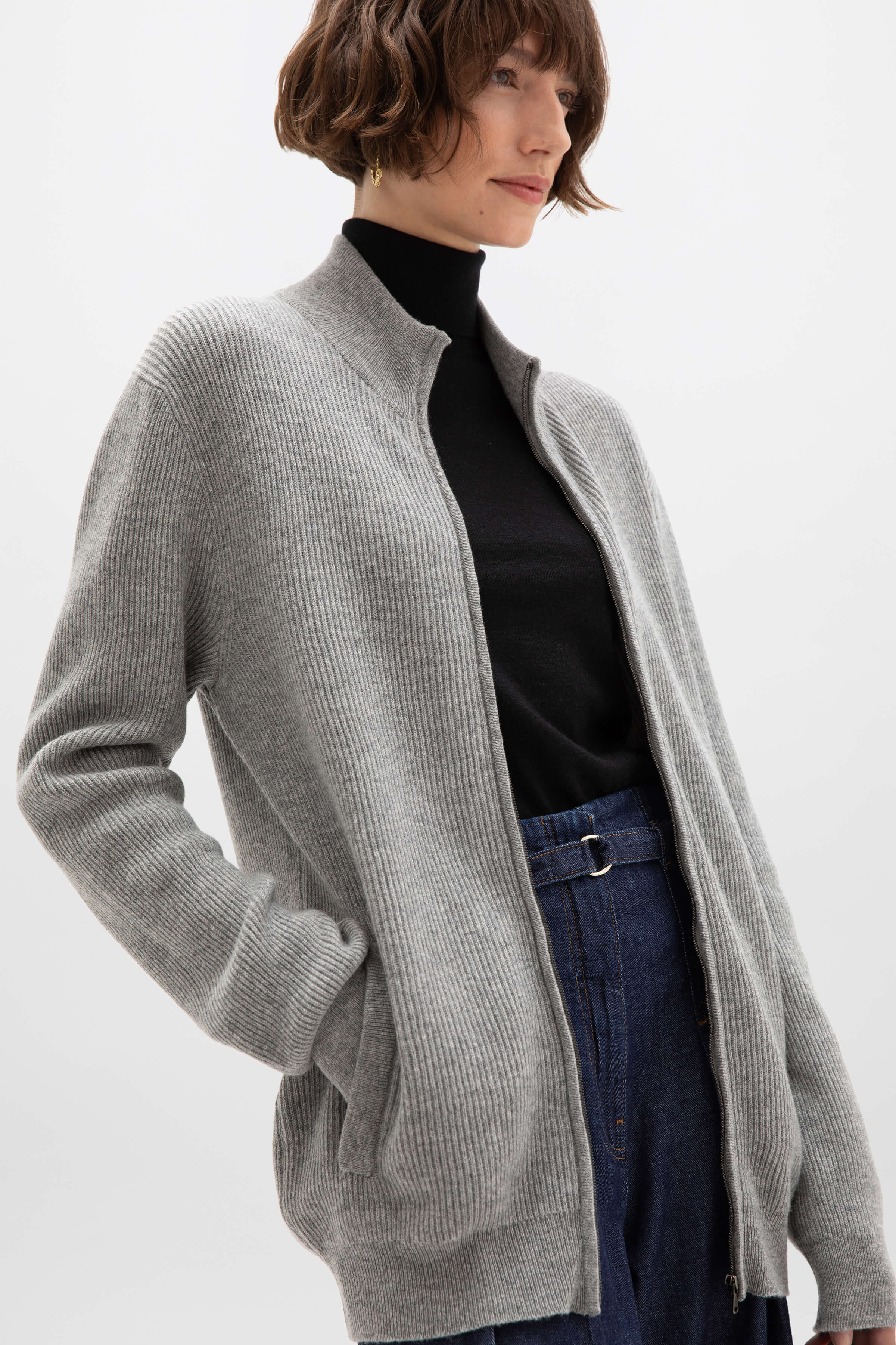 Ribbed Cashmere Light Grey Cardigan