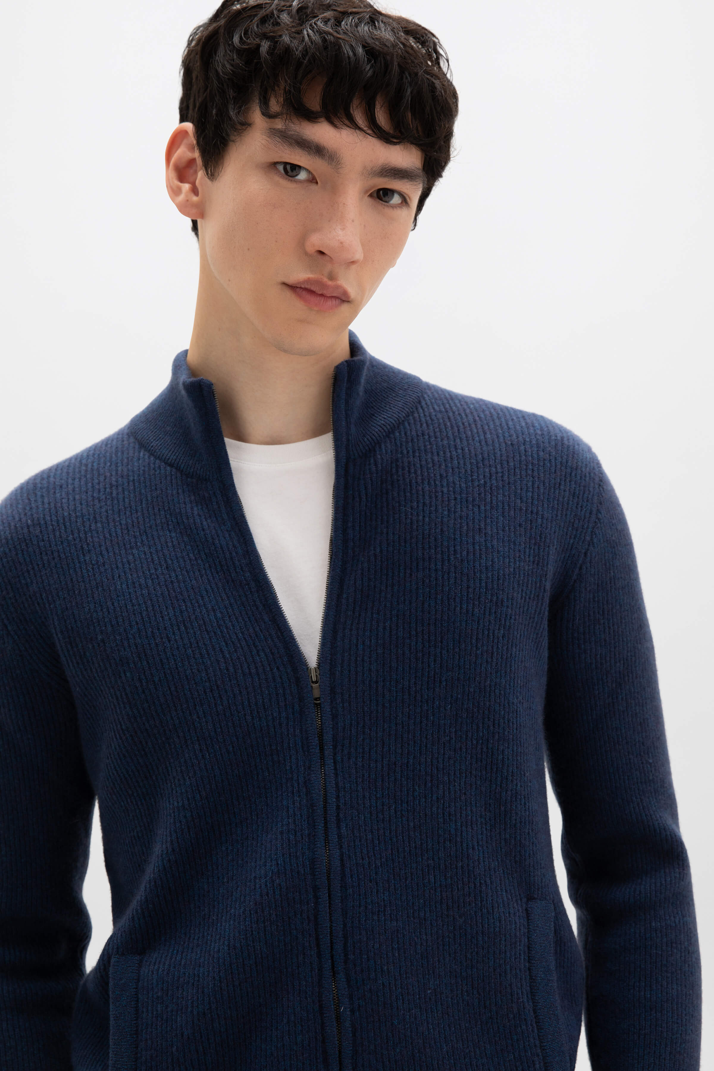 Ribbed Cashmere Mid Blue Cardigan