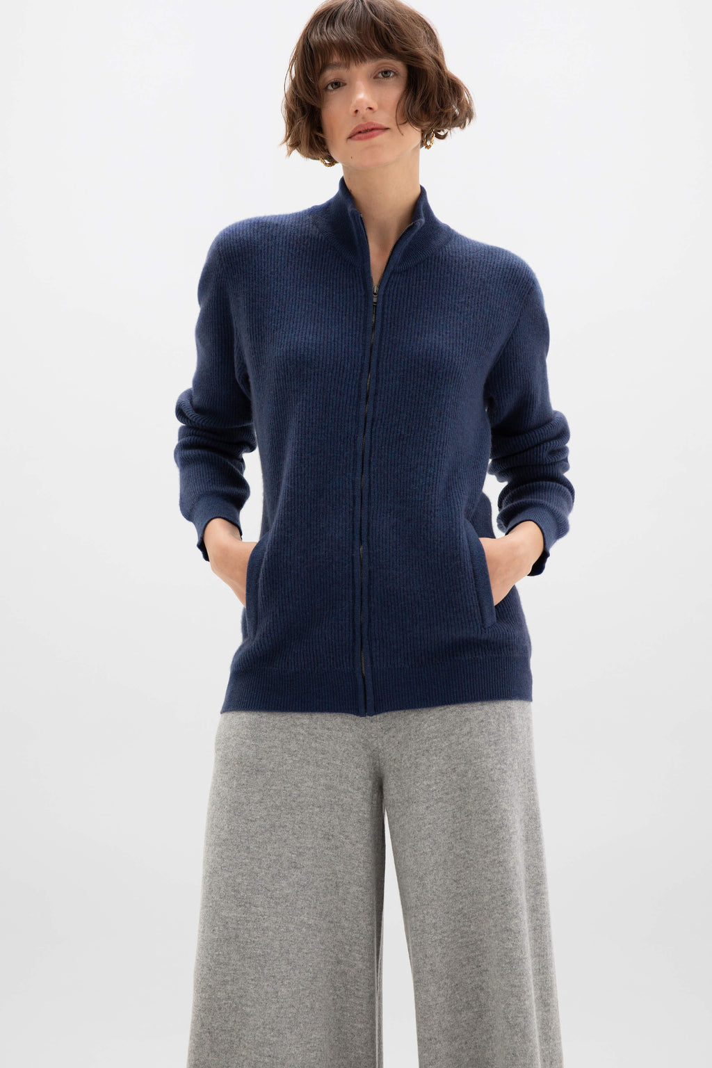Ribbed Cashmere Mid Blue Cardigan
