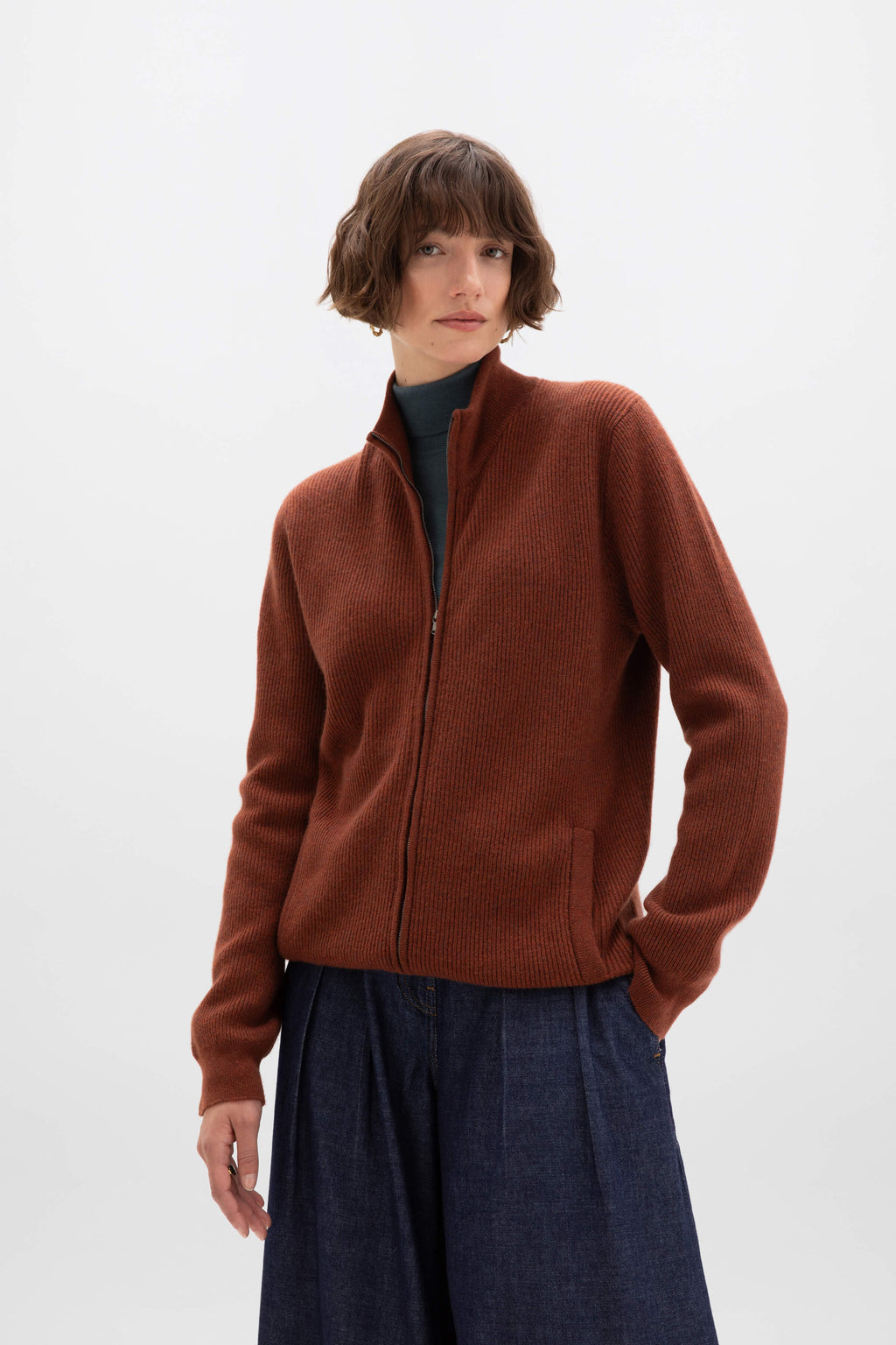 Front Zip Red Cashmere Cardigan