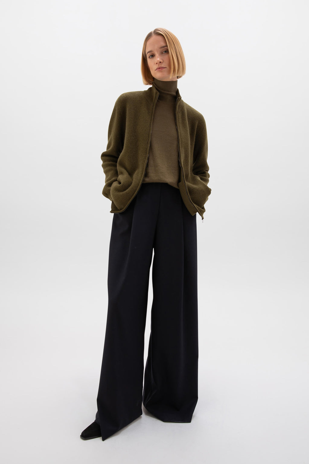 Front Zip Olive Green Cashmere Cardigan